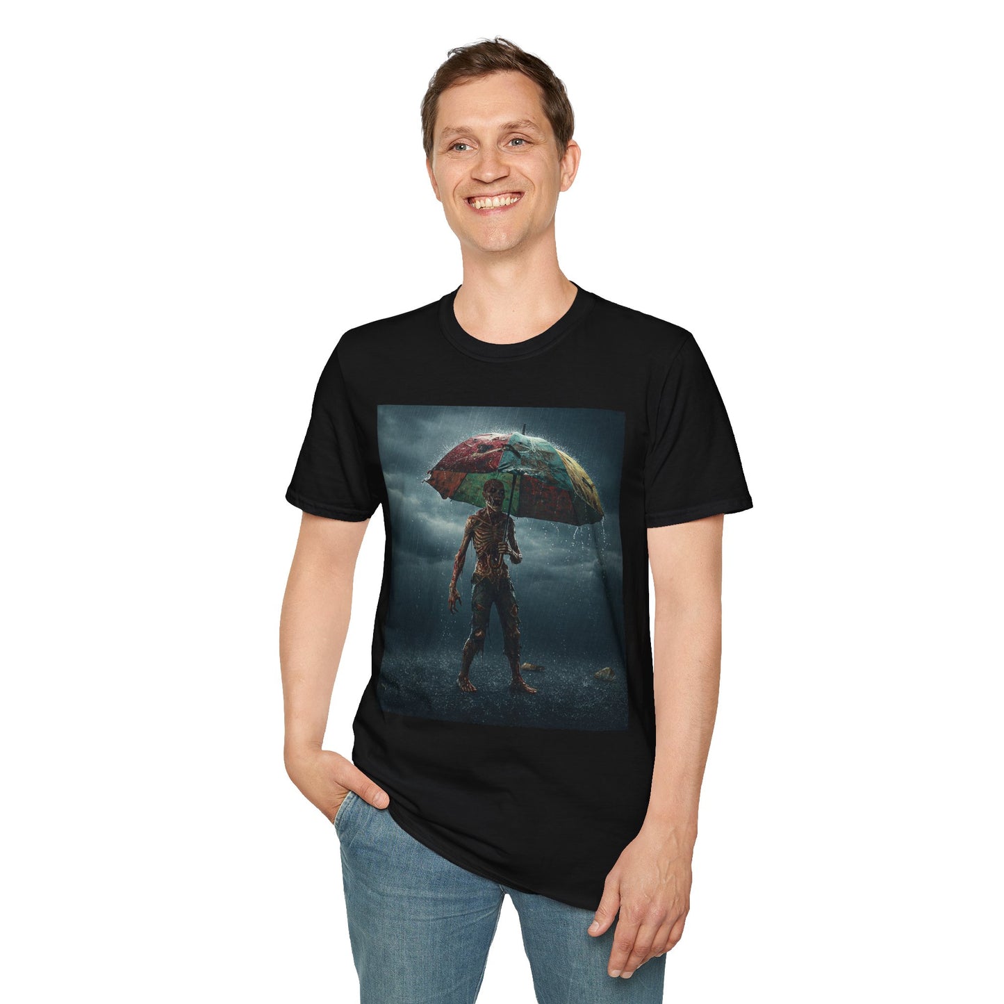 Unisex Softstyle T-Shirt - Creepy Skeleton with Umbrella Design - Perfect for Halloween