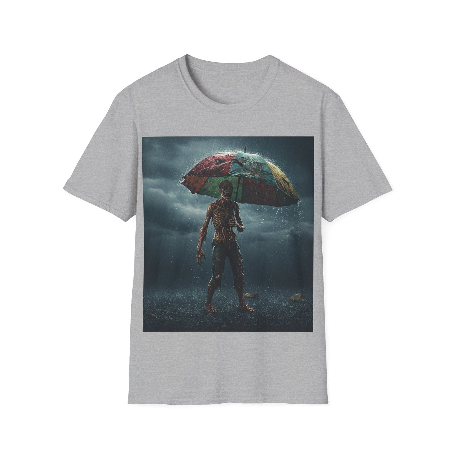 UK - Unisex Softstyle T-Shirt - Creepy Skeleton with Umbrella Design - Perfect for Halloween