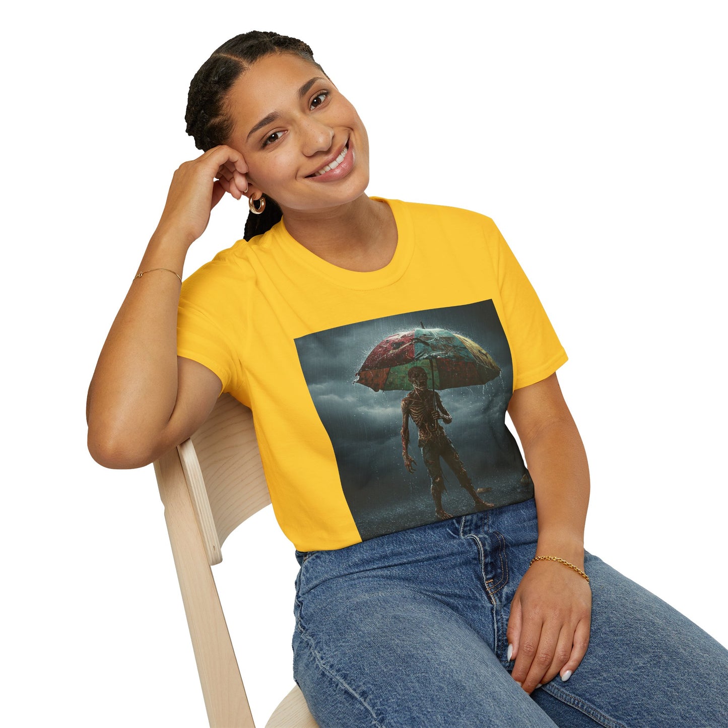 Unisex Softstyle T-Shirt - Creepy Skeleton with Umbrella Design - Perfect for Halloween