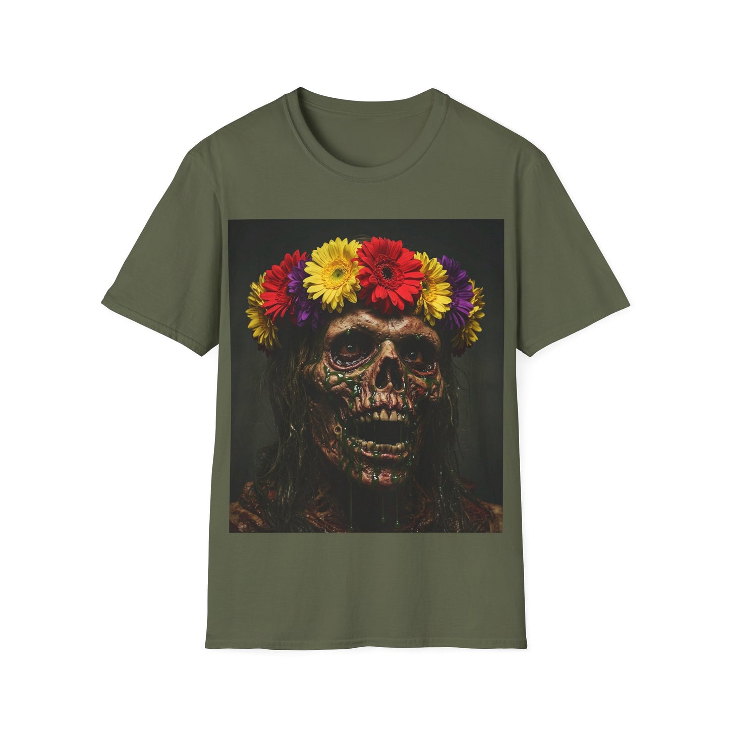 UK - Day of the Dead Floral Skull Apocalyptic Portrait Tee, bold, decaying zombie graphic