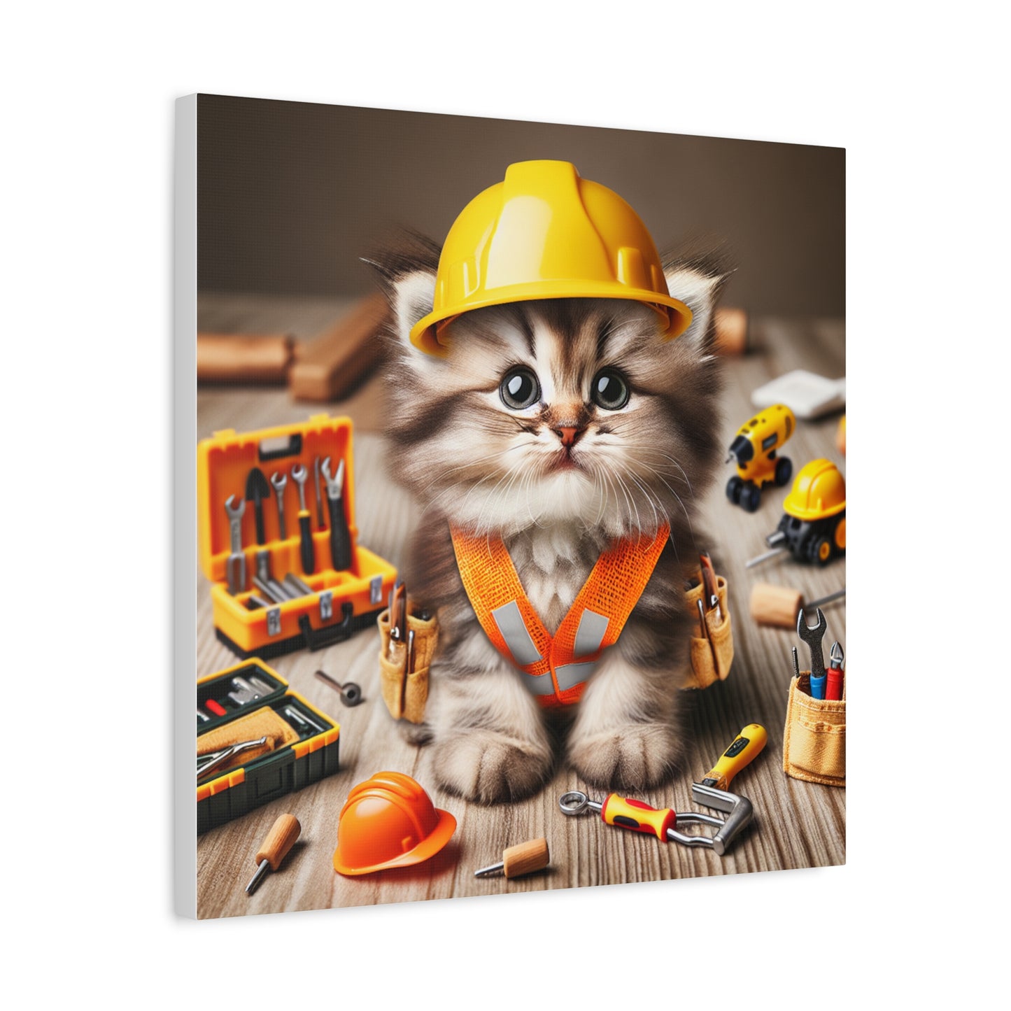 Cute Cat Construction Canvas Art - 12x12 Stretched Matte Wall Decor