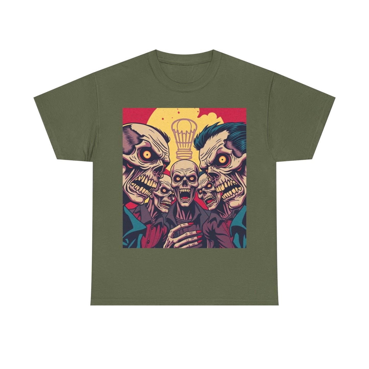 UK - Graphic Unisex Heavy Cotton Tee - Skull & Zombie Design, Perfect for Halloween and Horror Fans