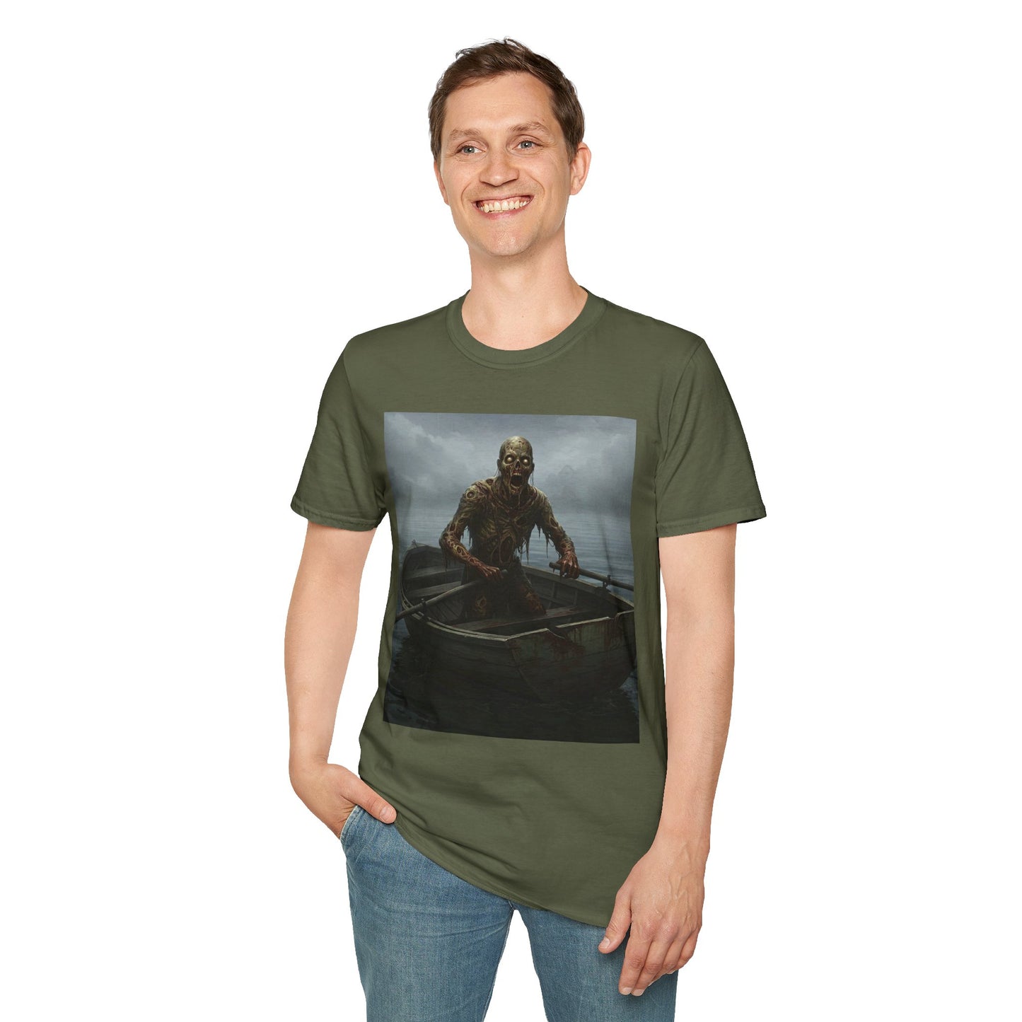 Zombie Rowboat Unisex Softstyle T-Shirt - Spooky Graphic Tee for Halloween Fans