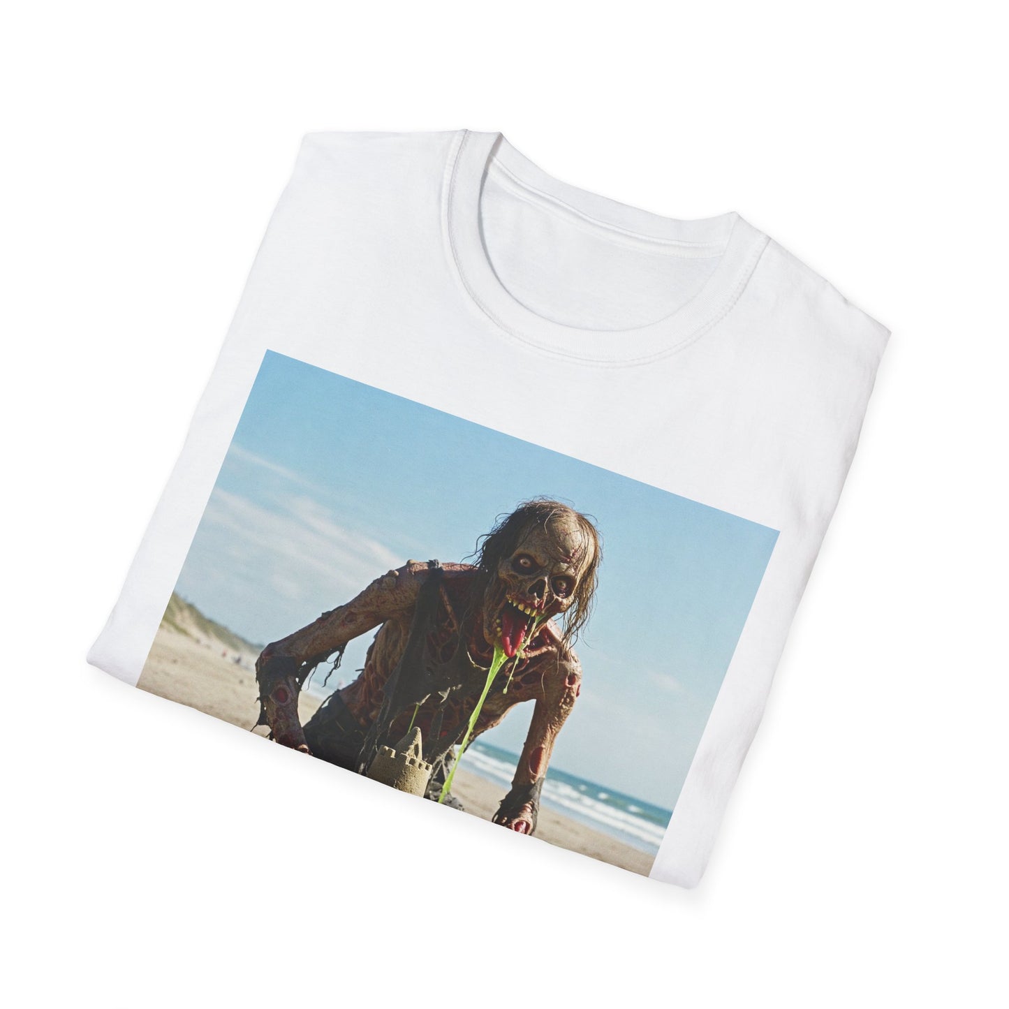 Zombie Sandcastle Unisex Softstyle T-Shirt | Fun Beach Horror Tee