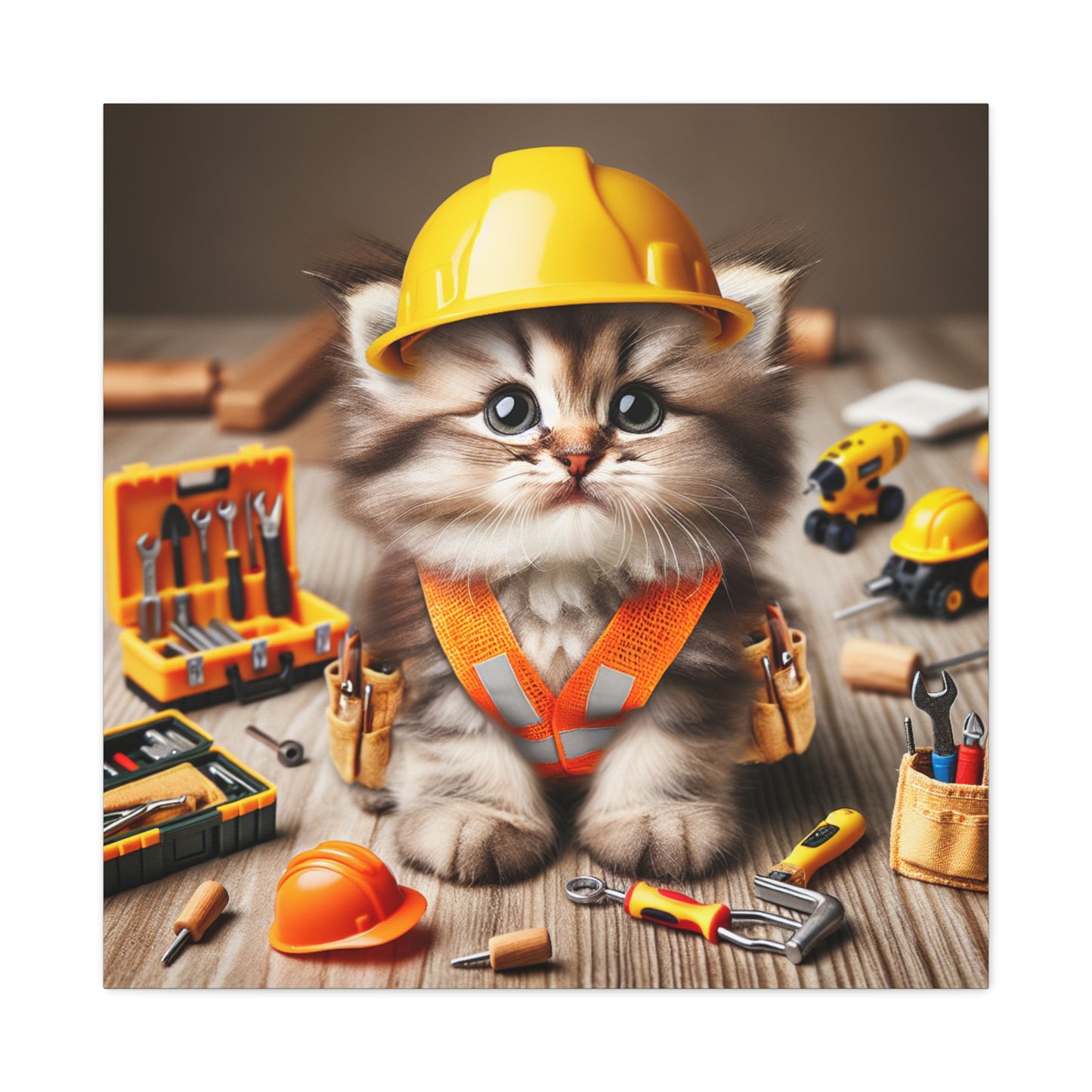 Cute Cat Construction Canvas Art - 12x12 Stretched Matte Wall Decor