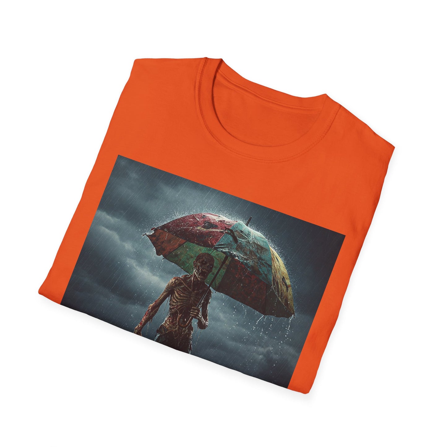 Unisex Softstyle T-Shirt - Creepy Skeleton with Umbrella Design - Perfect for Halloween