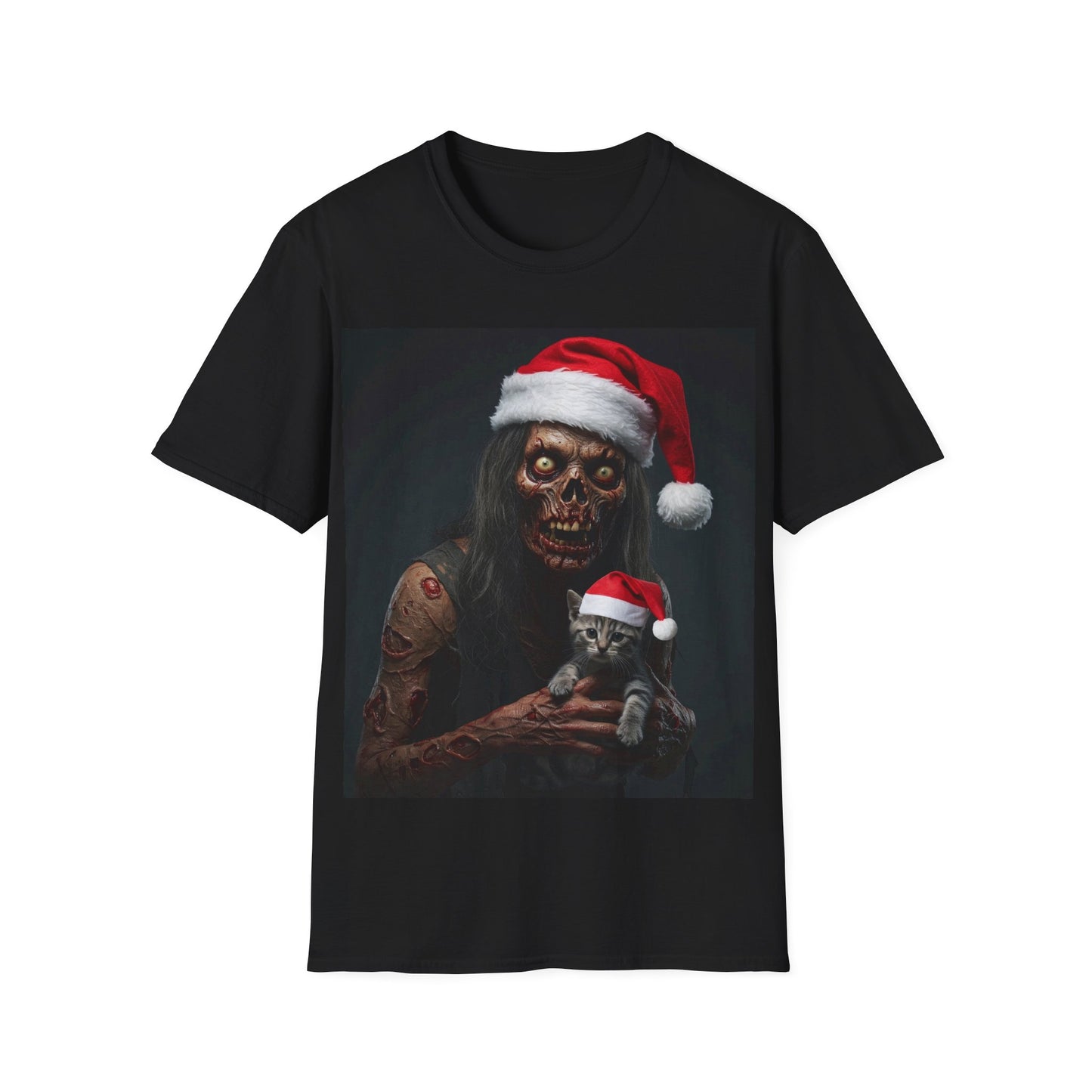 UK - Festive Zombie and Cat Apocalyptic Portrait Tee, bold, decaying zombie graphic