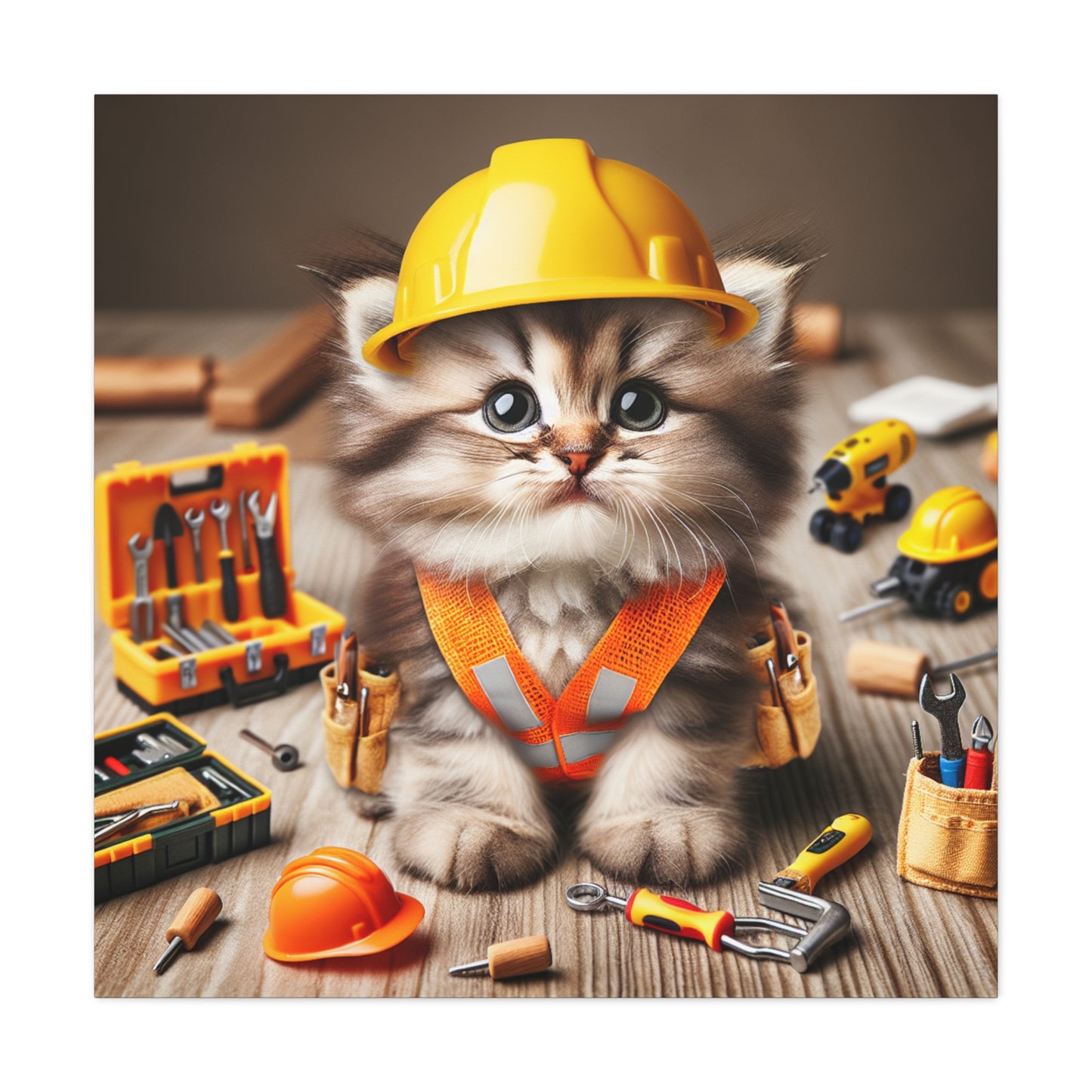 Cute Cat Construction Canvas Art - 12x12 Stretched Matte Wall Decor