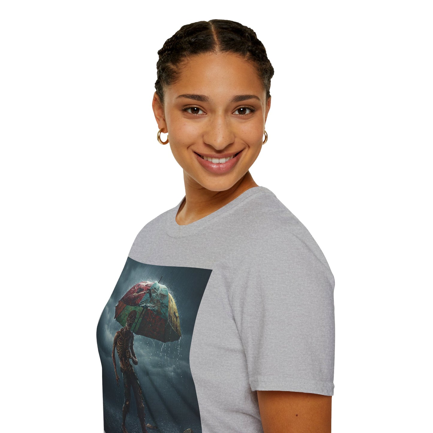 Unisex Softstyle T-Shirt - Creepy Skeleton with Umbrella Design - Perfect for Halloween