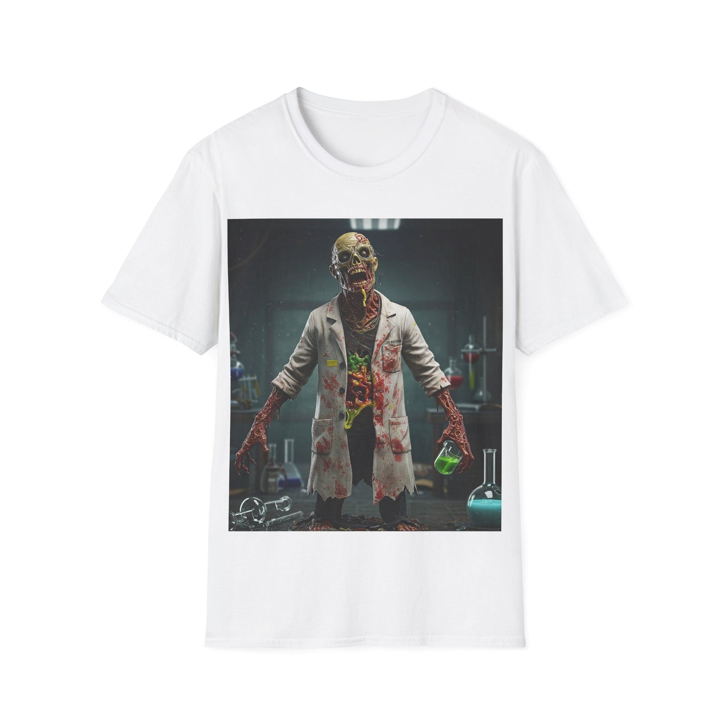 UK - Zombie Scientist Unisex Softstyle T-Shirt - Perfect for Halloween and Horror Fans