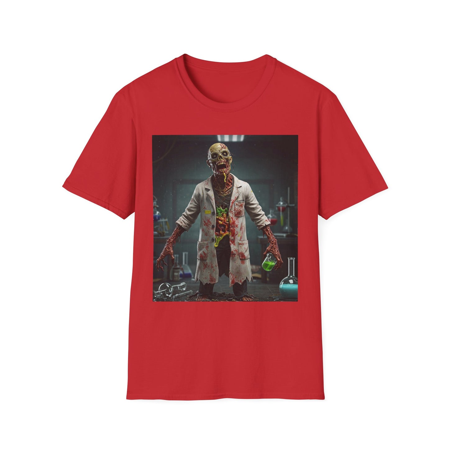Zombie Scientist Unisex Softstyle T-Shirt - Perfect for Halloween and Horror Fans