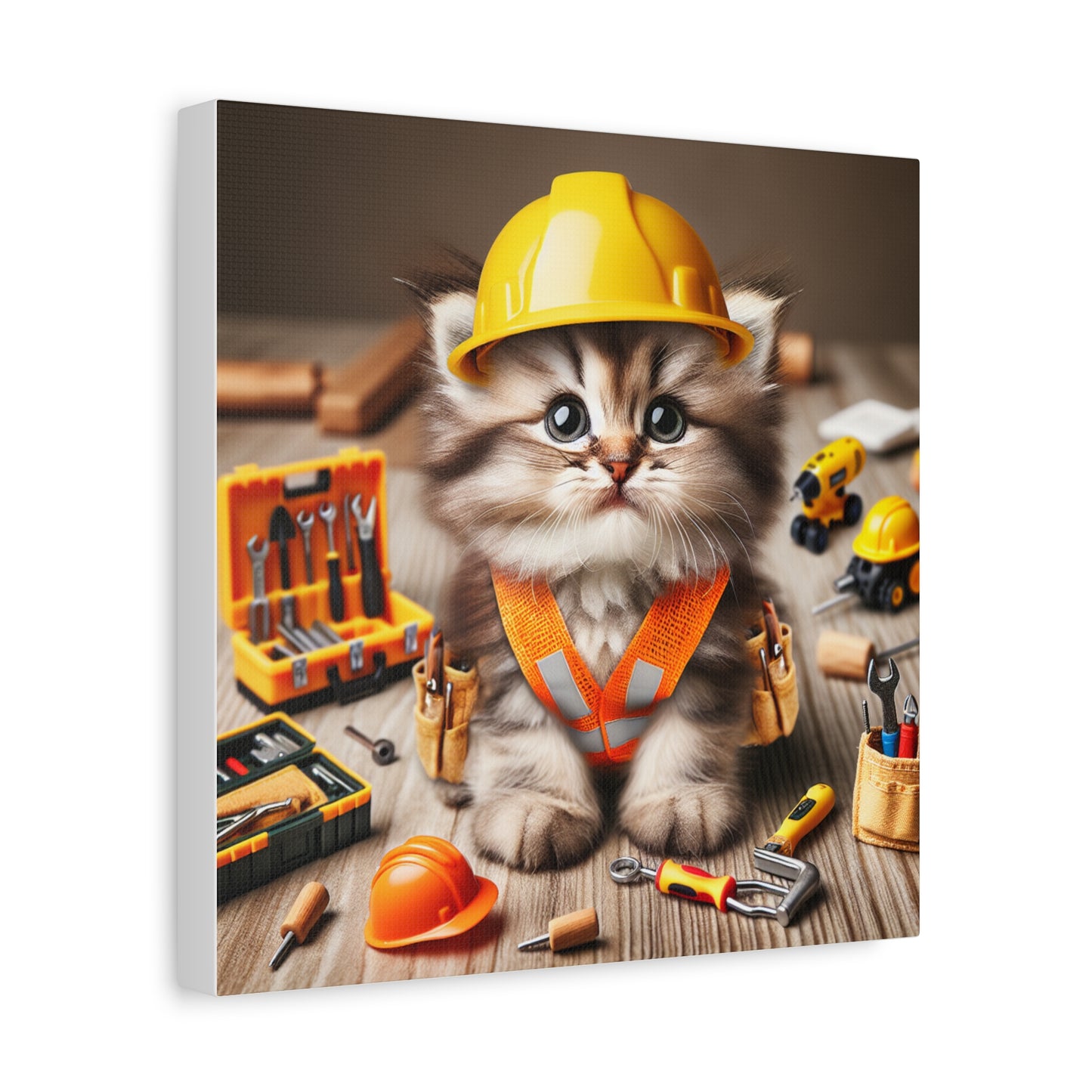 Cute Cat Construction Canvas Art - 12x12 Stretched Matte Wall Decor
