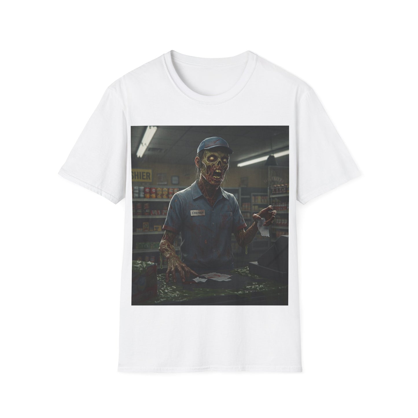 UK - Horror-Inspired Unisex Softstyle T-Shirt - Creepy Grocery Clerk Design