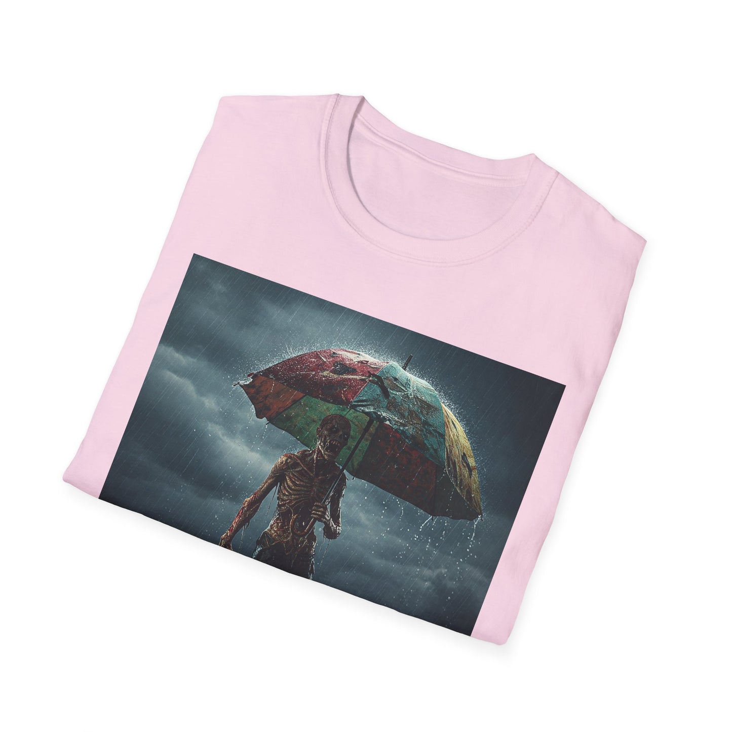Unisex Softstyle T-Shirt - Creepy Skeleton with Umbrella Design - Perfect for Halloween