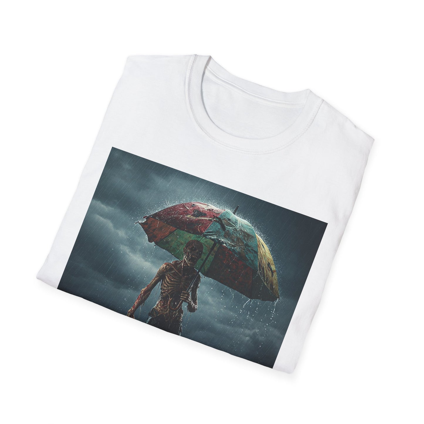 Unisex Softstyle T-Shirt - Creepy Skeleton with Umbrella Design - Perfect for Halloween