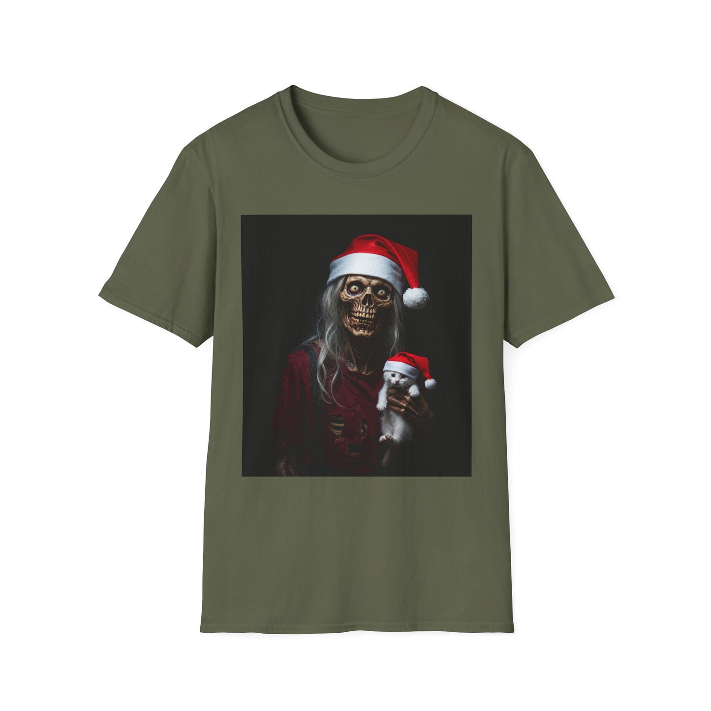 Cat Funny Skeleton Santa Apocalyptic Portrait Tee, bold, decaying zombie graphic