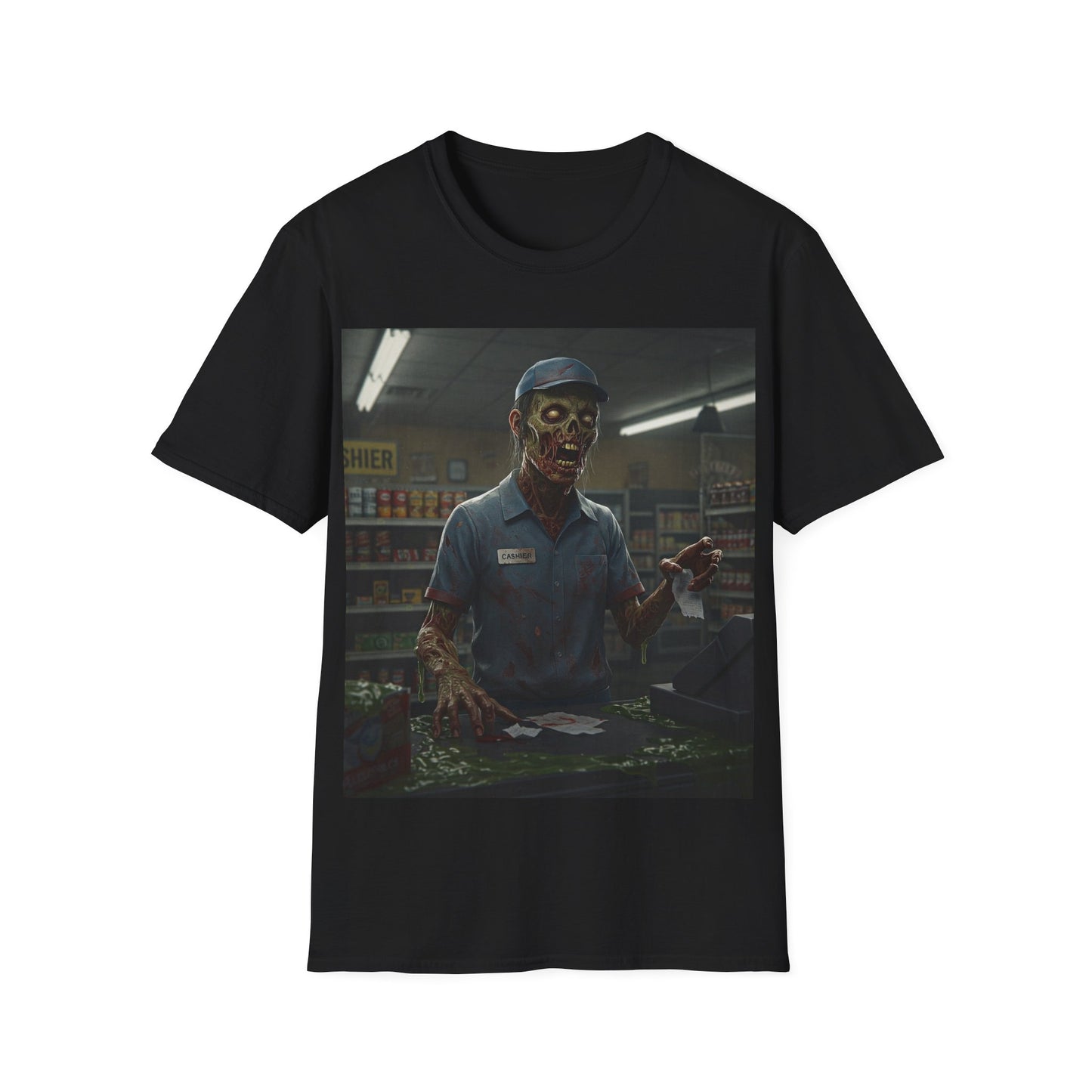 UK - Horror-Inspired Unisex Softstyle T-Shirt - Creepy Grocery Clerk Design