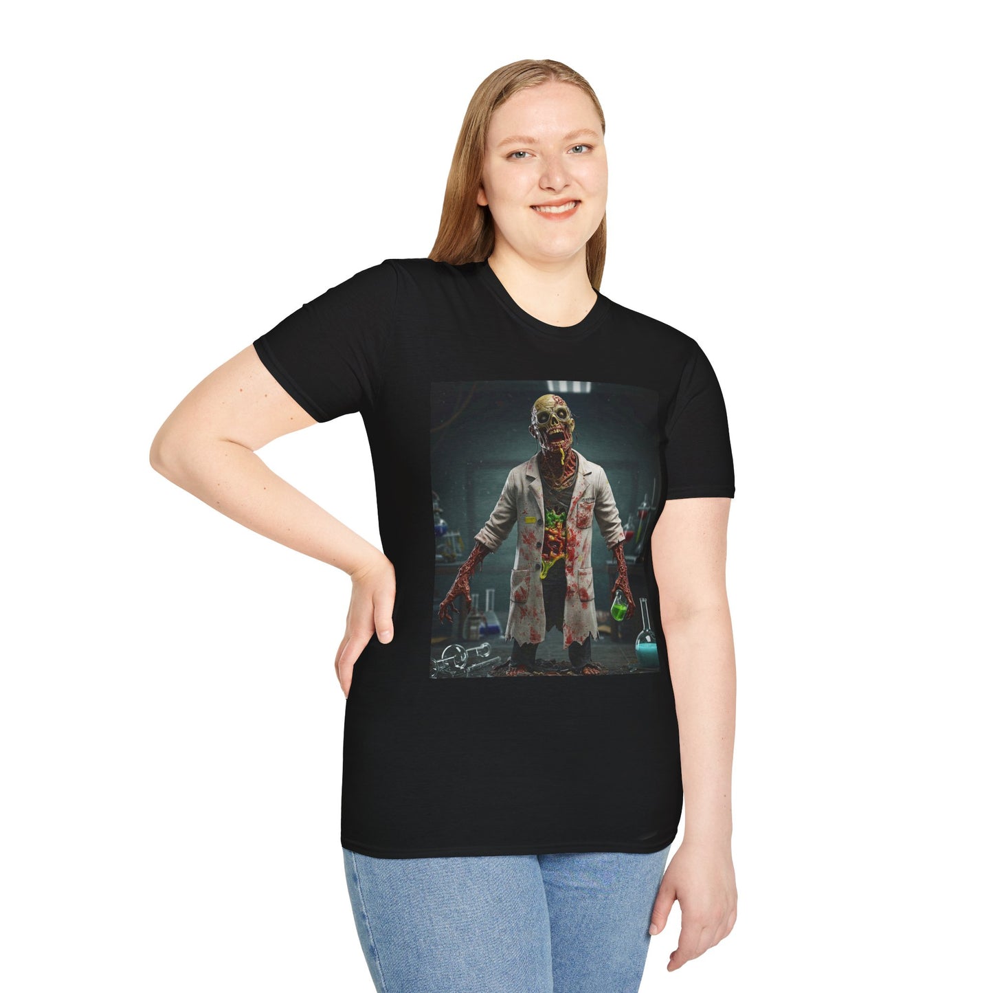 Zombie Scientist Unisex Softstyle T-Shirt - Perfect for Halloween and Horror Fans