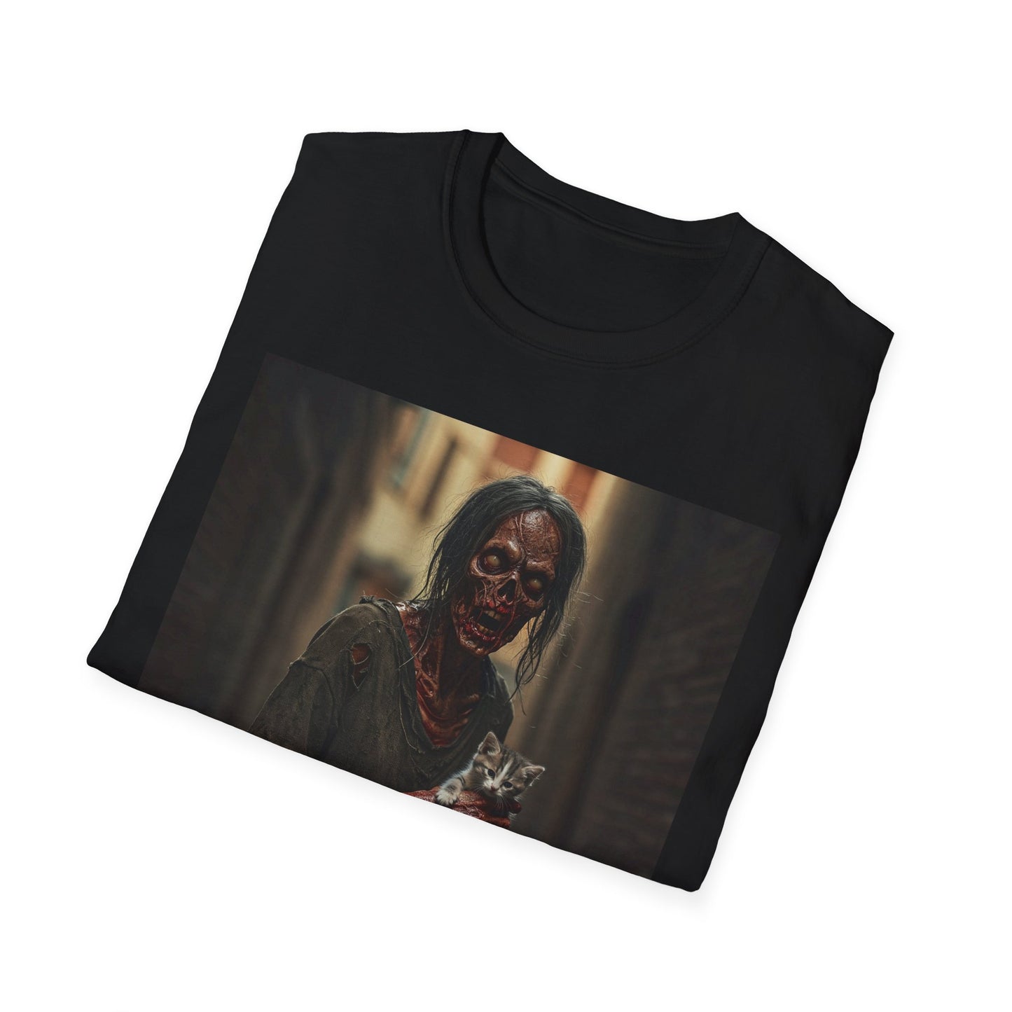 Zombie Cat Lover Apocalyptic Portrait Tee, bold, decaying zombie graphic