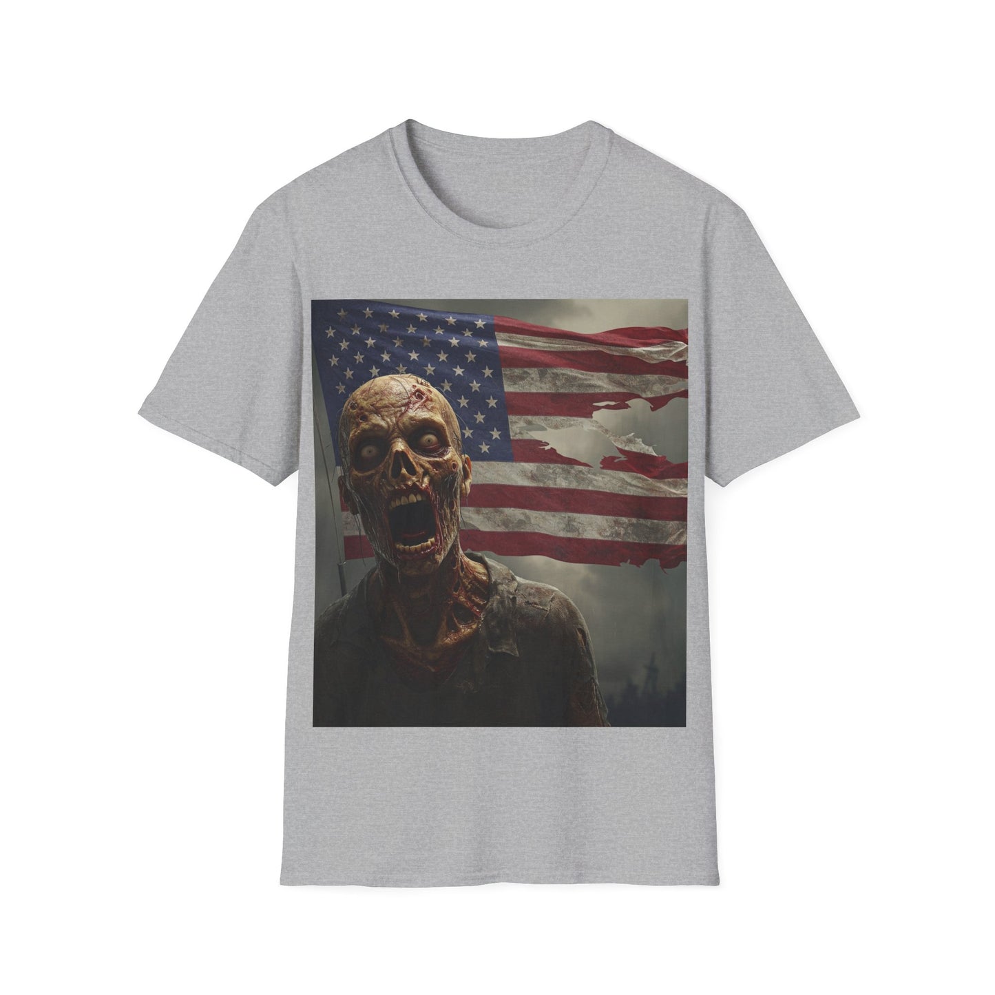 UK - Zombie American Flag Apocalyptic Portrait Tee, bold, decaying zombie graphic