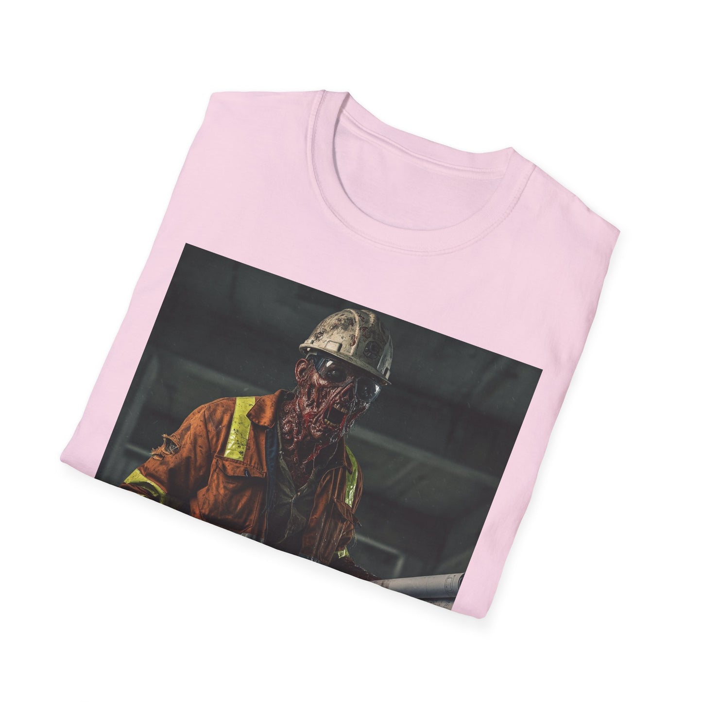 Creepy Construction Worker Graphic Tee | Unisex Softstyle T-Shirt | Perfect for Halloween and Horror Fans