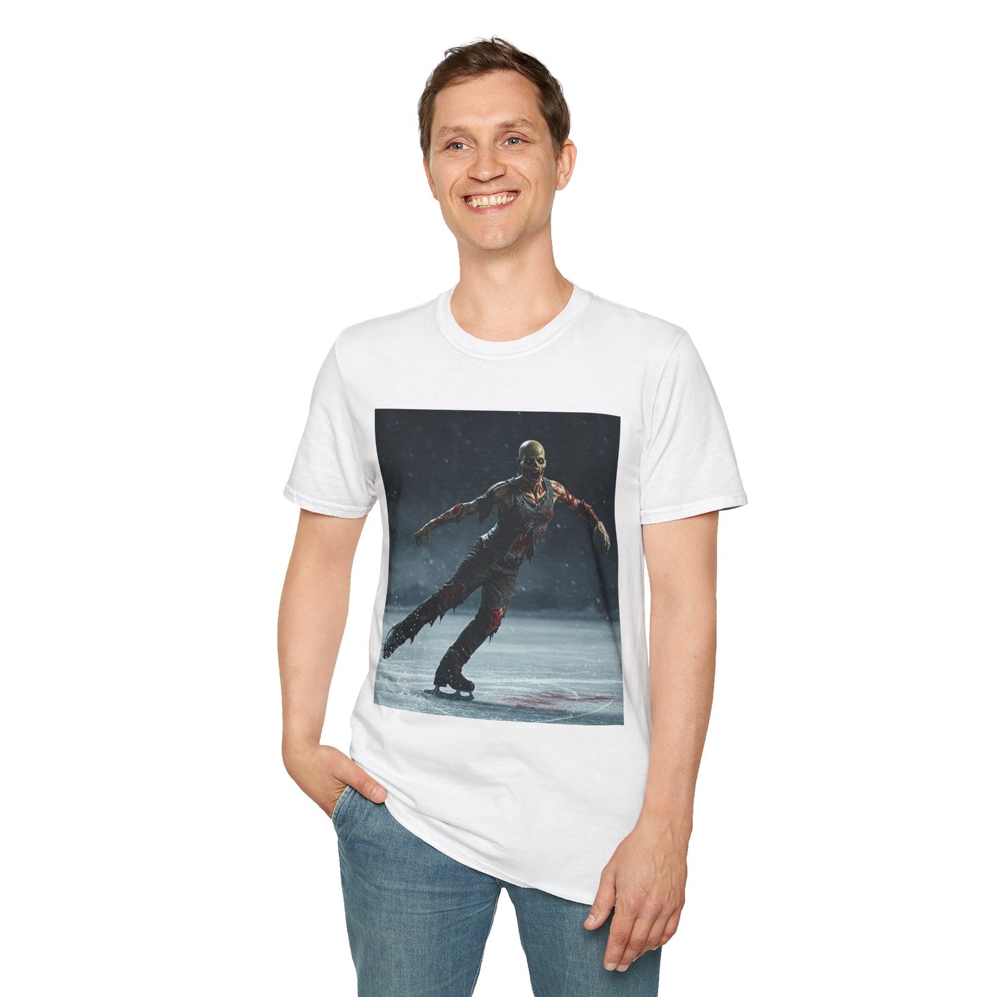 Chilling Thriller Unisex Softstyle T-Shirt - Ice Skating Horror Design