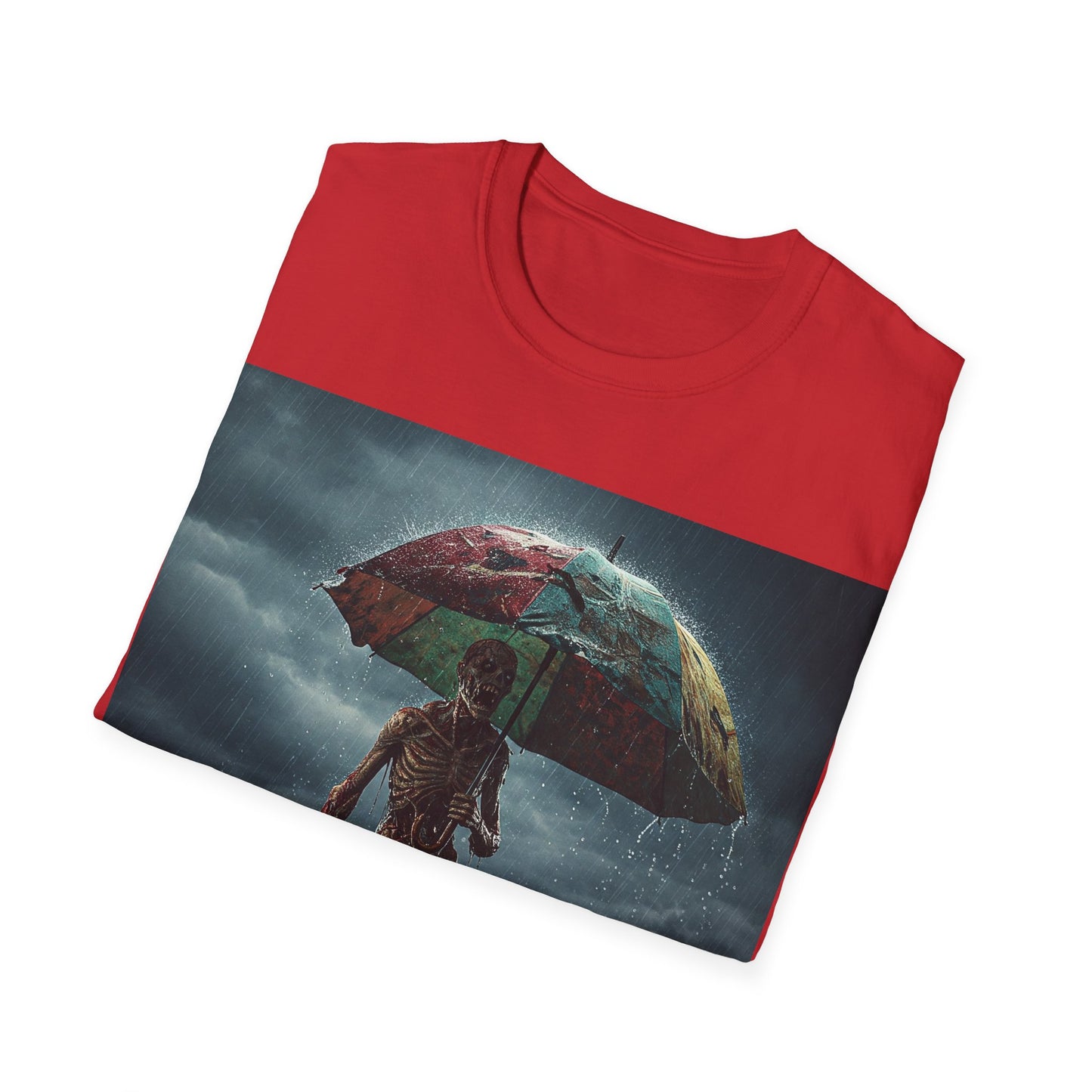 UK - Unisex Softstyle T-Shirt - Creepy Skeleton with Umbrella Design - Perfect for Halloween