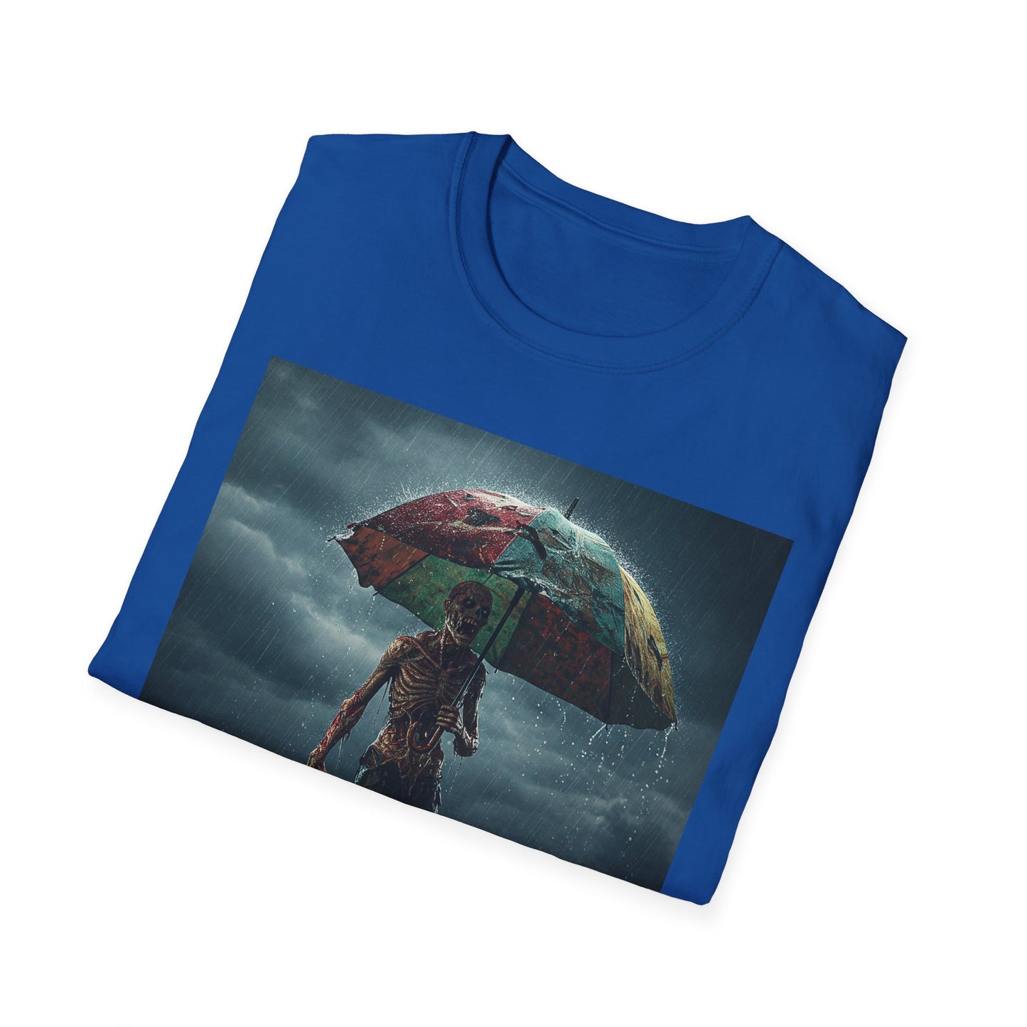 Unisex Softstyle T-Shirt - Creepy Skeleton with Umbrella Design - Perfect for Halloween