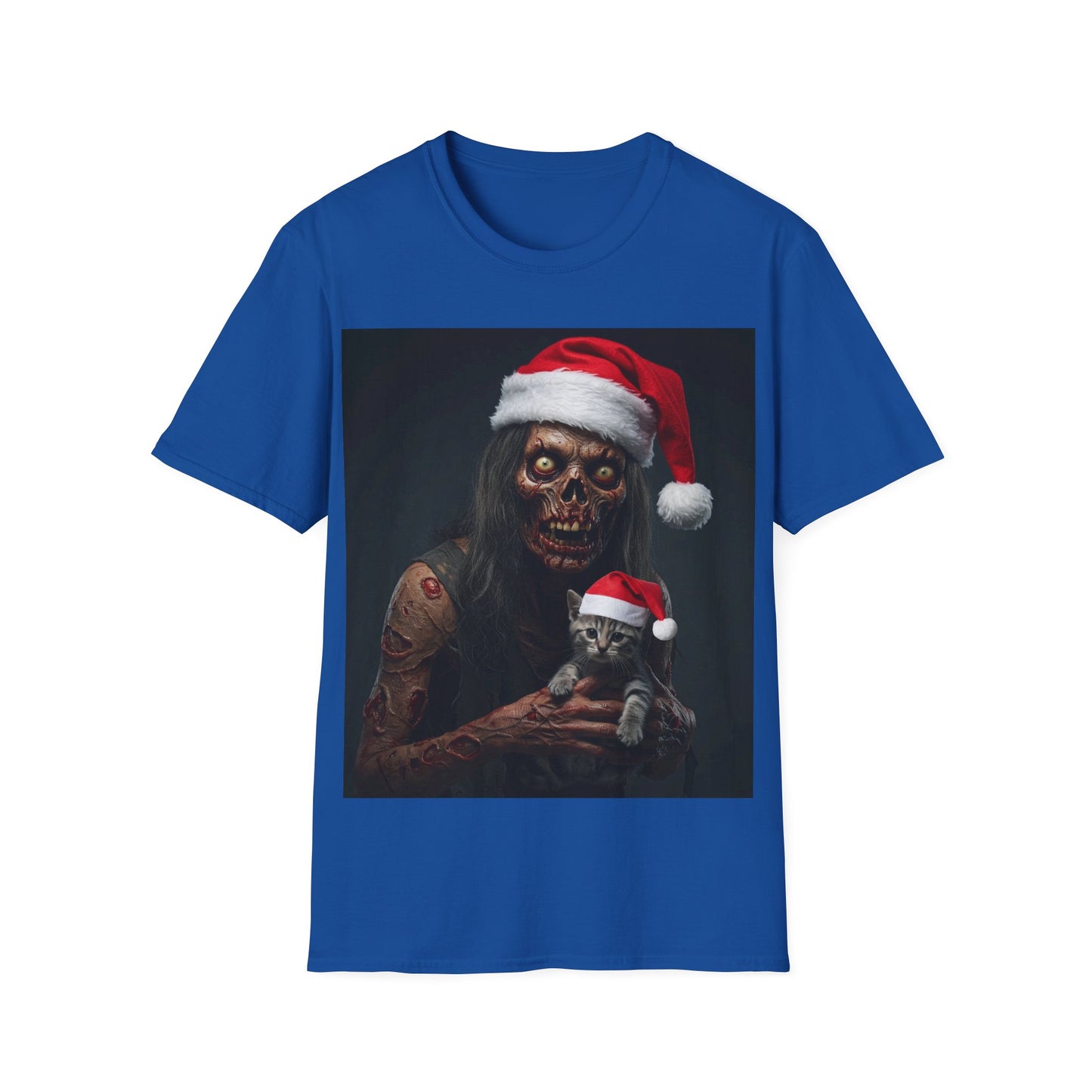 UK - Festive Zombie and Cat Apocalyptic Portrait Tee, bold, decaying zombie graphic