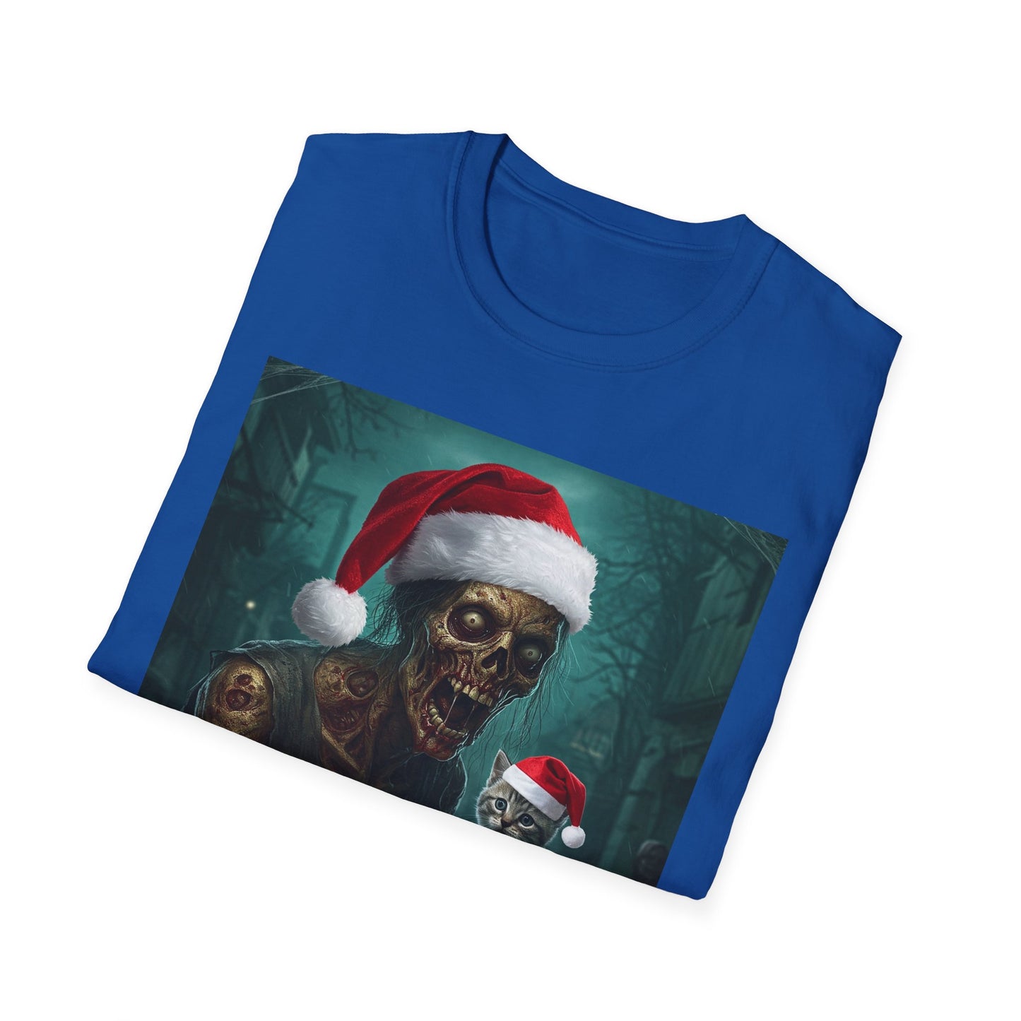 Cat Funny Santa Skeleton Apocalyptic Portrait Tee, bold, decaying zombie graphic