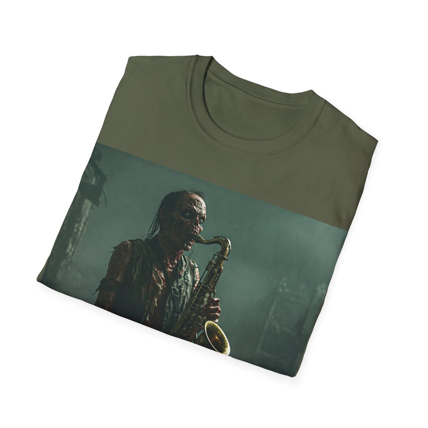 UK - Zombie Jazz Musician Apocalyptic Portrait Tee, bold, decaying zombie graphic