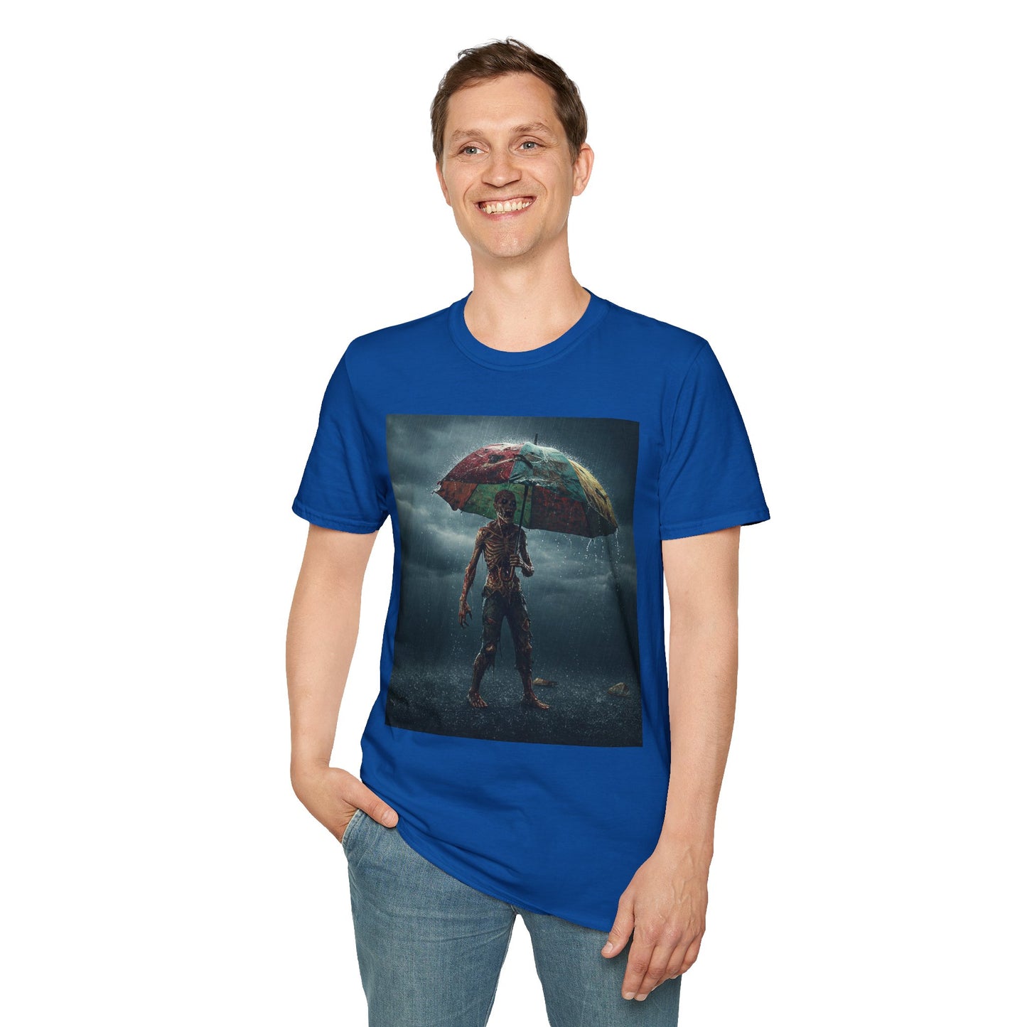 Unisex Softstyle T-Shirt - Creepy Skeleton with Umbrella Design - Perfect for Halloween