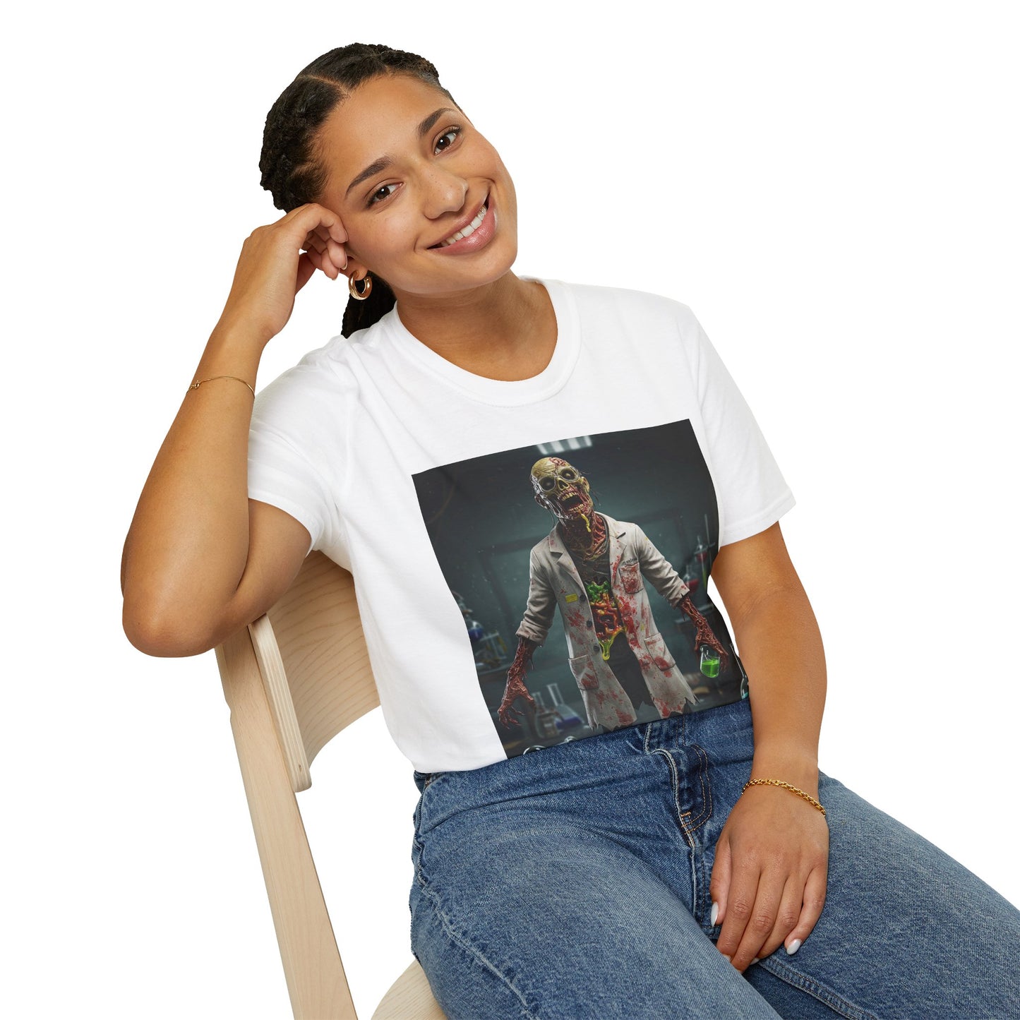 Zombie Scientist Unisex Softstyle T-Shirt - Perfect for Halloween and Horror Fans