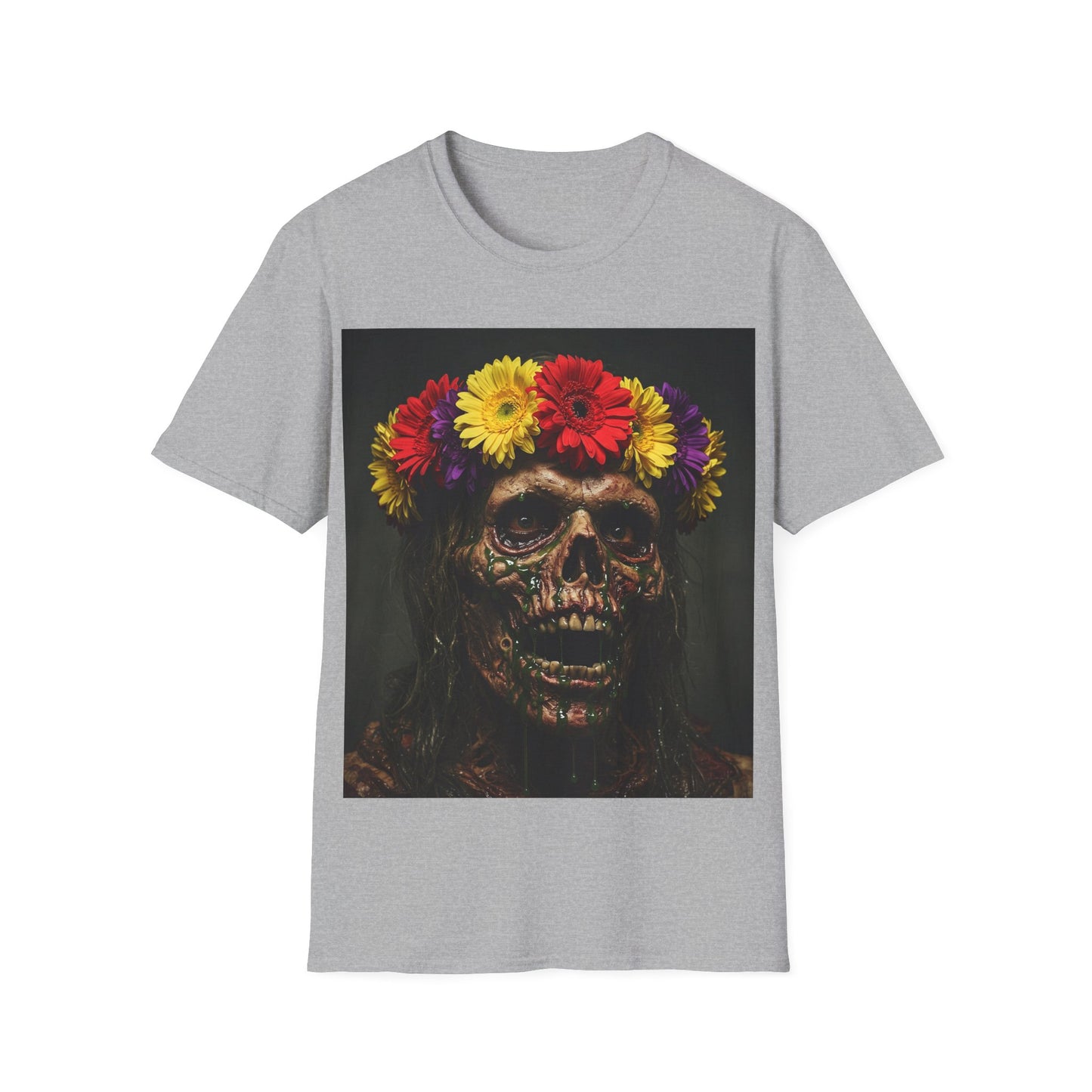UK - Day of the Dead Floral Skull Apocalyptic Portrait Tee, bold, decaying zombie graphic