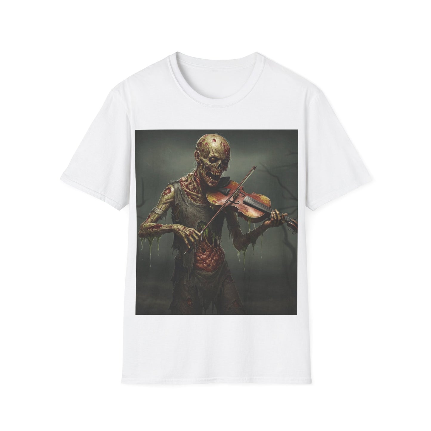 UK - Spooky Zombie Violinist Apocalyptic Portrait Tee, bold, decaying zombie graphic