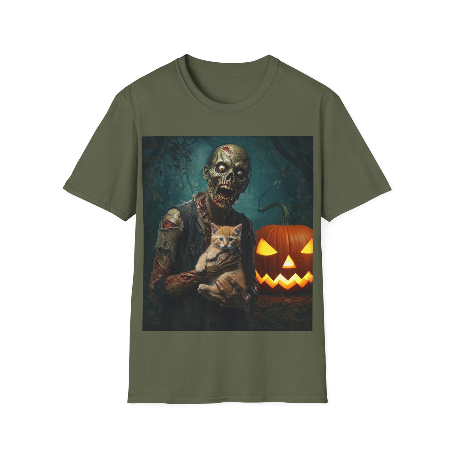 UK - Spooky Cat and Zombie Unisex Softstyle T-Shirt for Halloween