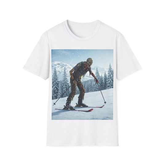 UK - Skiing Zombie Unisex Softstyle T-Shirt - Perfect for Winter Fun & Halloween Enthusiasts