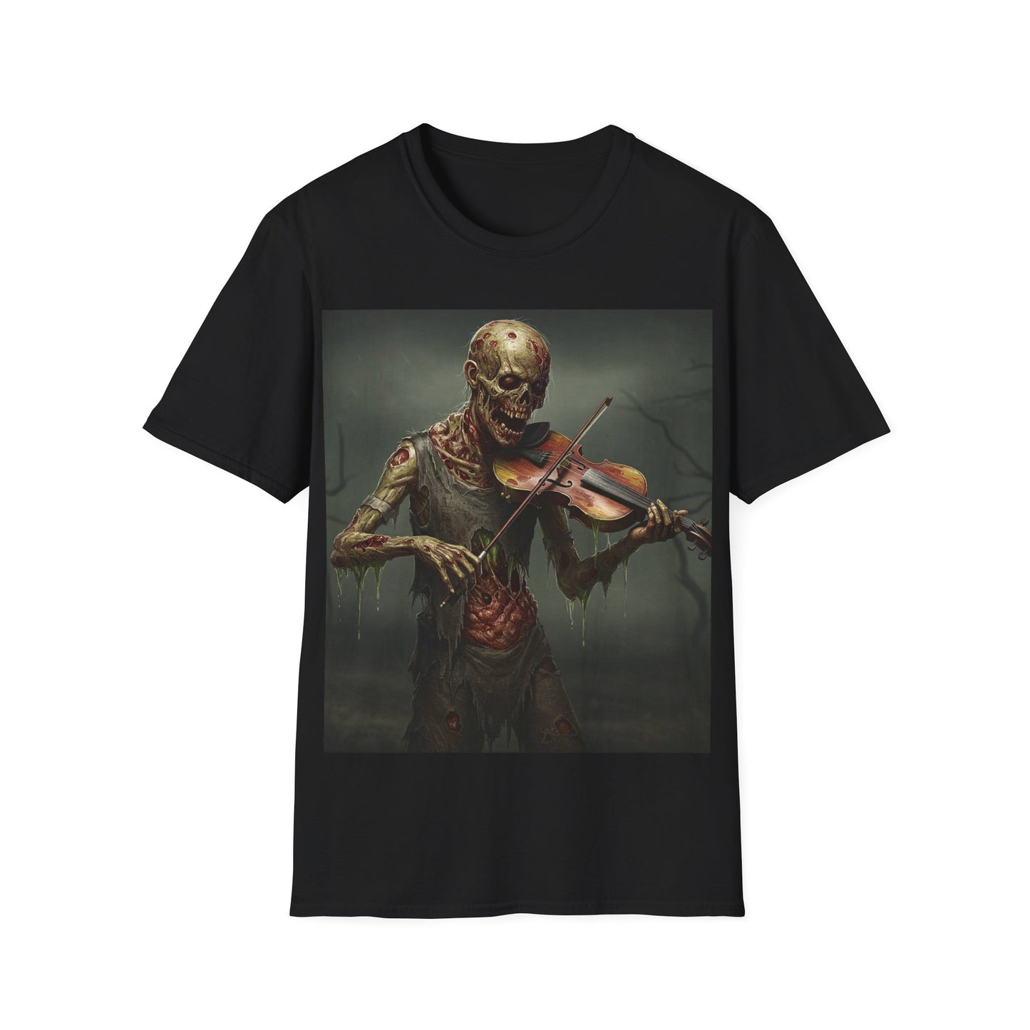 UK - Spooky Zombie Violinist Apocalyptic Portrait Tee, bold, decaying zombie graphic