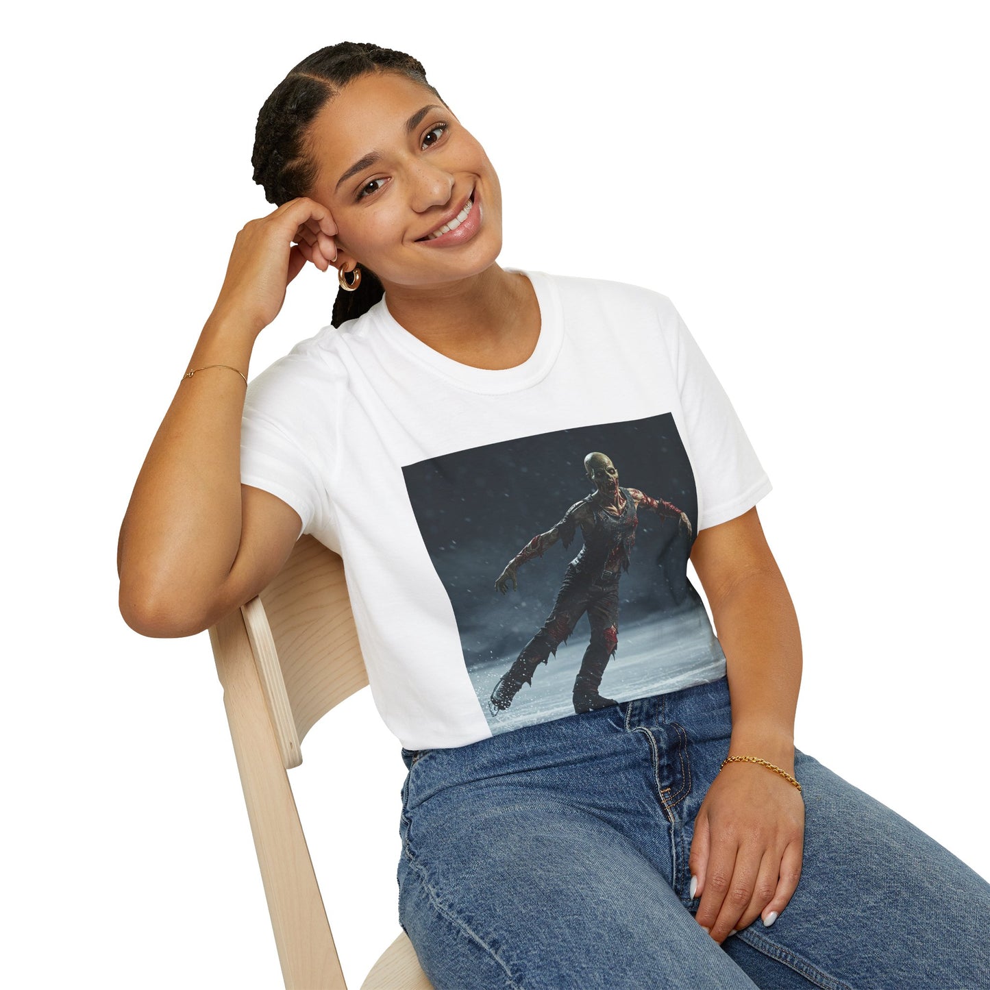 Chilling Thriller Unisex Softstyle T-Shirt - Ice Skating Horror Design