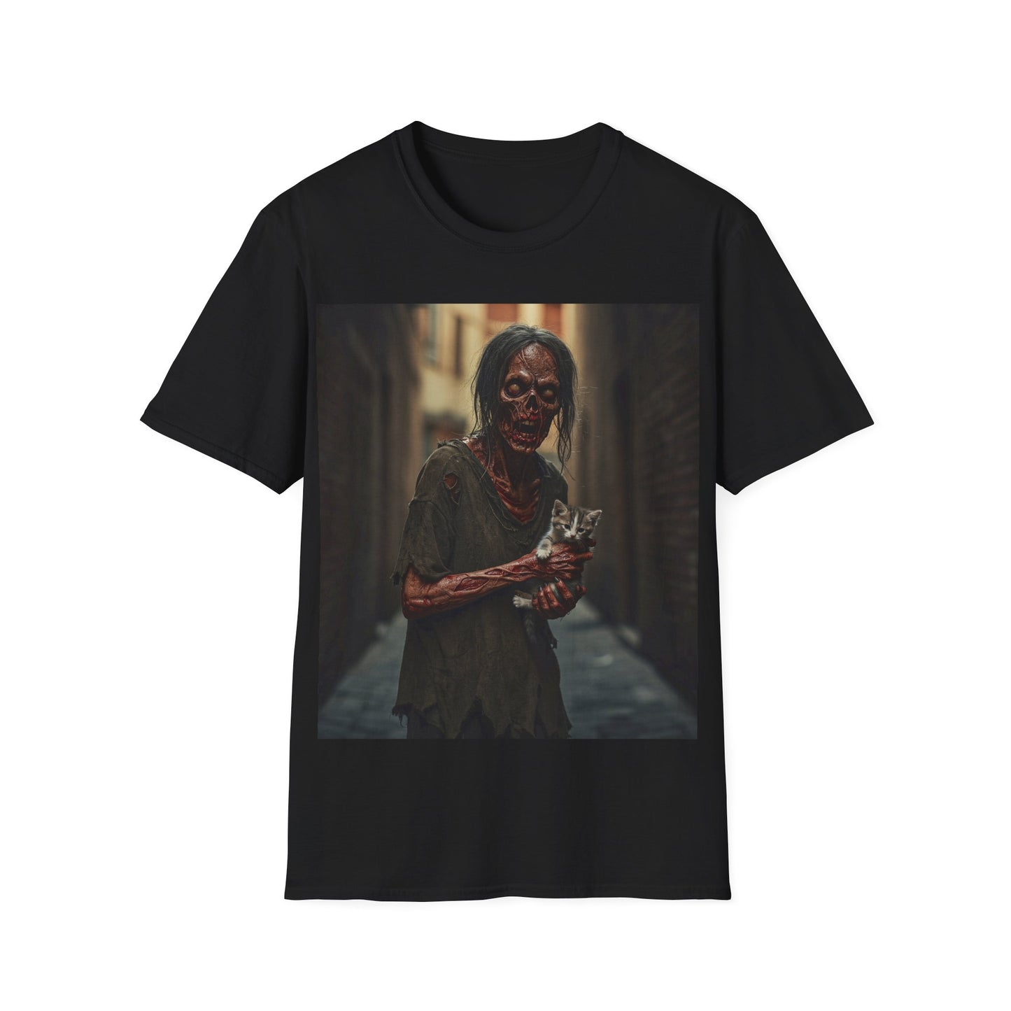 UK - Zombie Cat Lover Apocalyptic Portrait Tee, bold, decaying zombie graphic