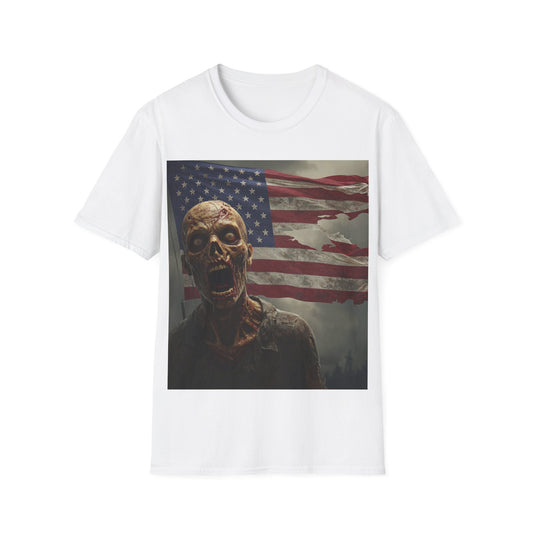 UK - Zombie American Flag Apocalyptic Portrait Tee, bold, decaying zombie graphic