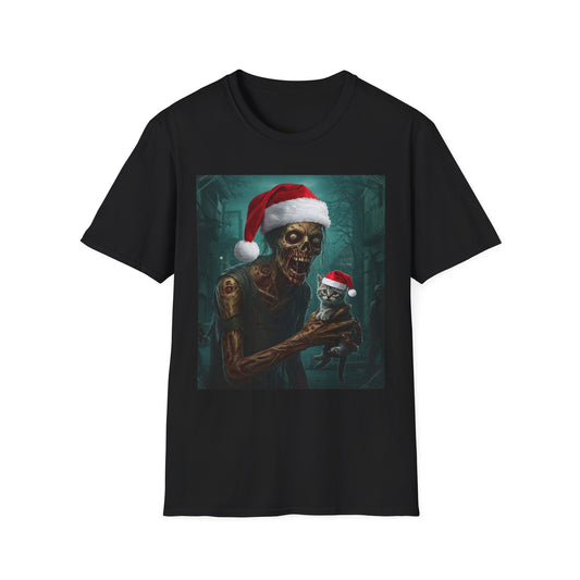 Cat Funny Santa Skeleton Apocalyptic Portrait Tee, bold, decaying zombie graphic