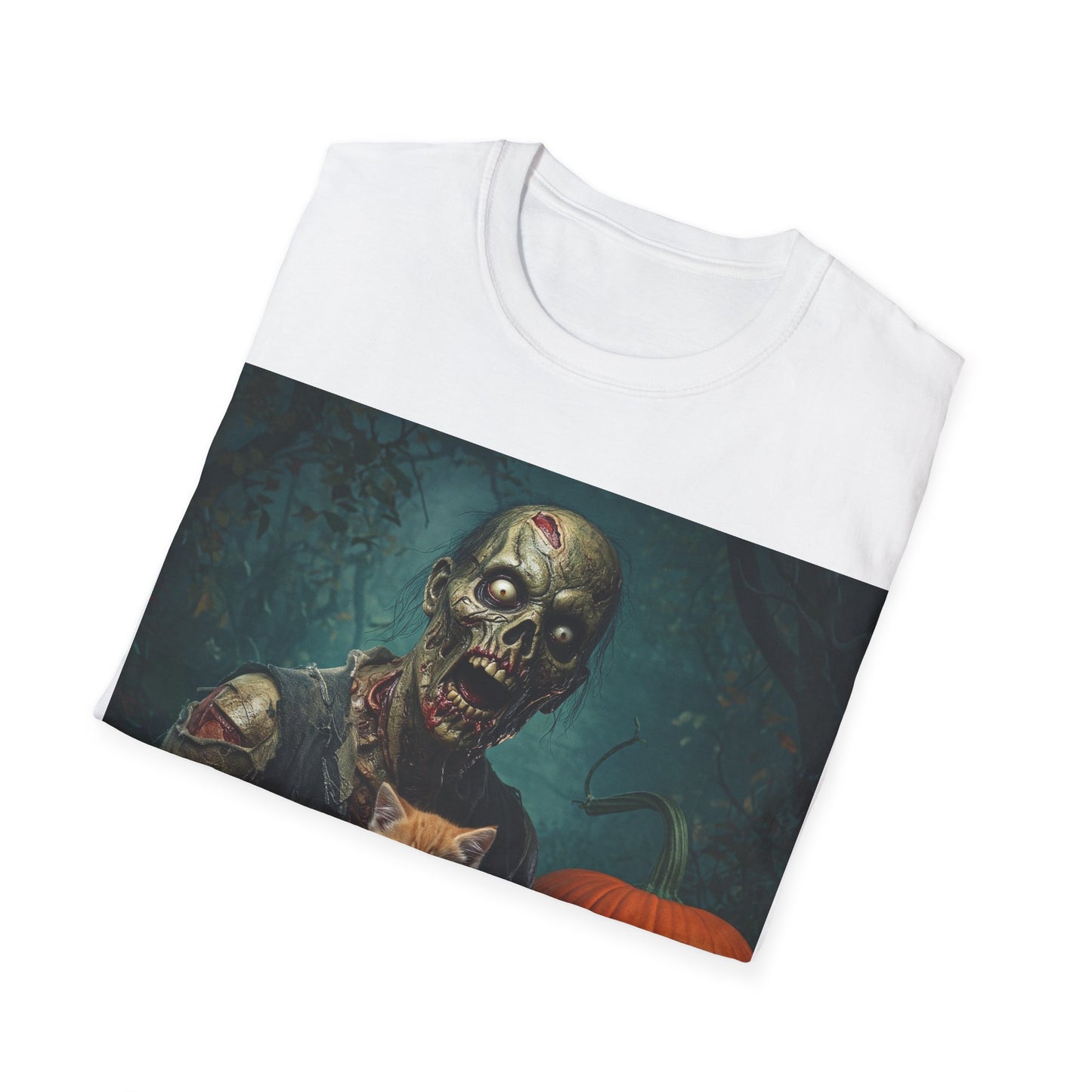 UK - Spooky Cat and Zombie Unisex Softstyle T-Shirt for Halloween