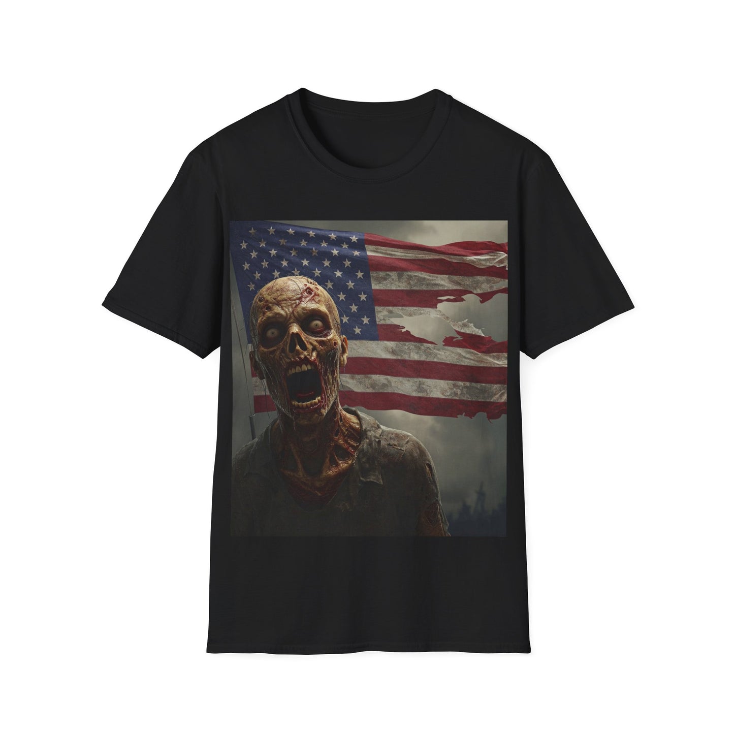 UK - Zombie American Flag Apocalyptic Portrait Tee, bold, decaying zombie graphic