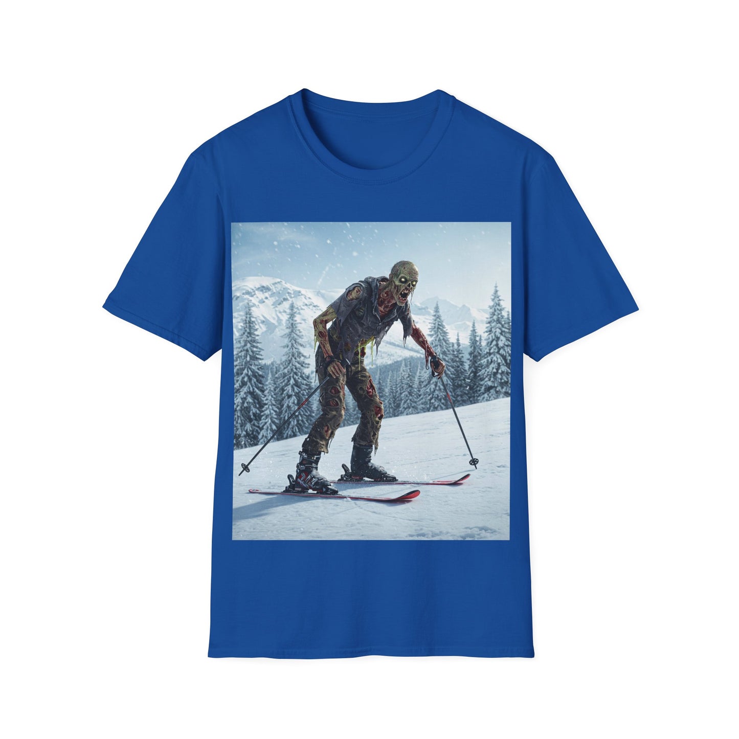 UK - Skiing Zombie Unisex Softstyle T-Shirt - Perfect for Winter Fun & Halloween Enthusiasts