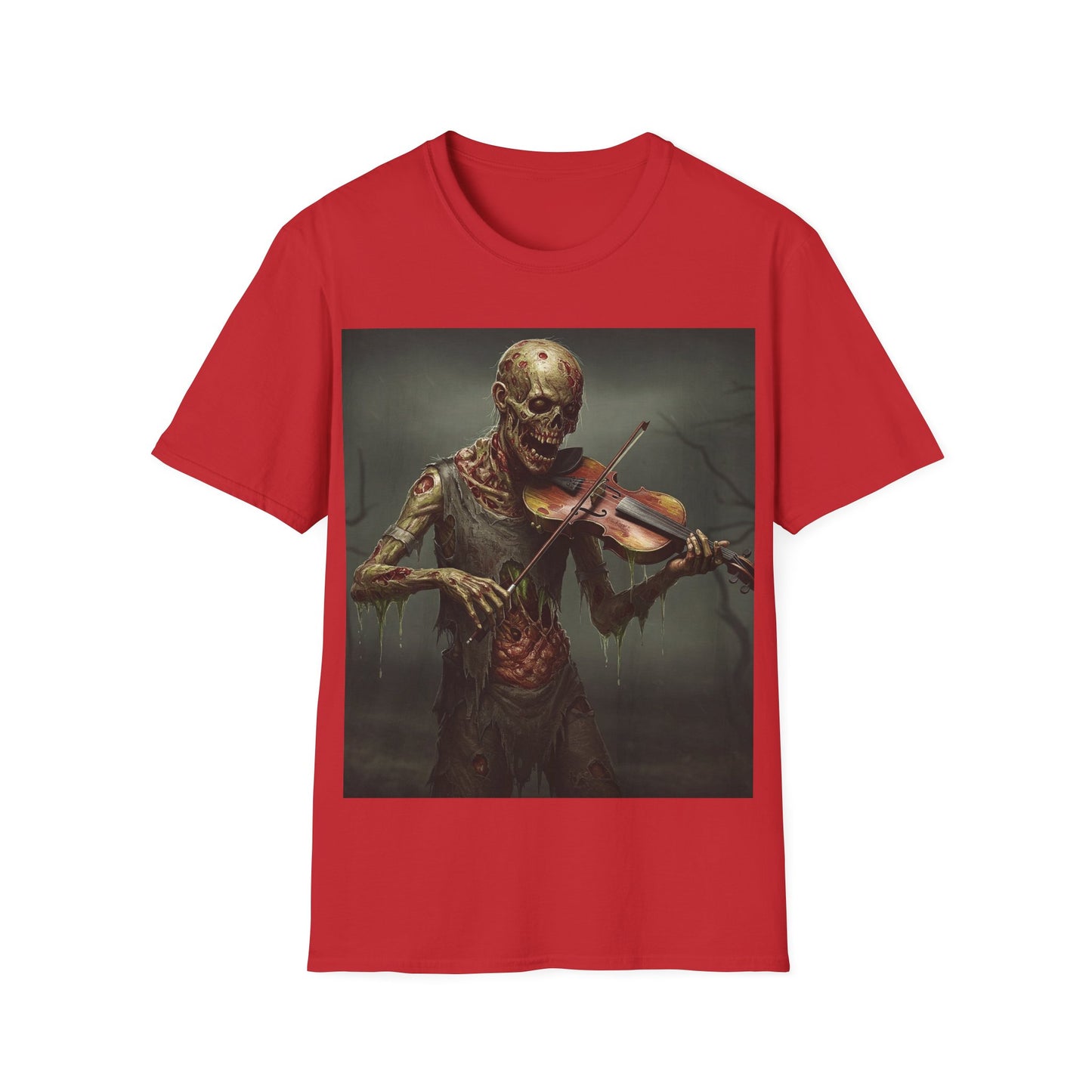 UK - Spooky Zombie Violinist Apocalyptic Portrait Tee, bold, decaying zombie graphic