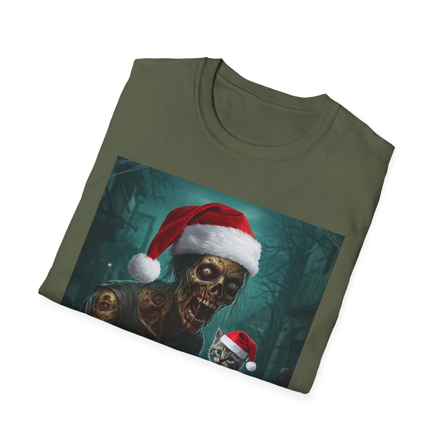 Cat Funny Santa Skeleton Apocalyptic Portrait Tee, bold, decaying zombie graphic