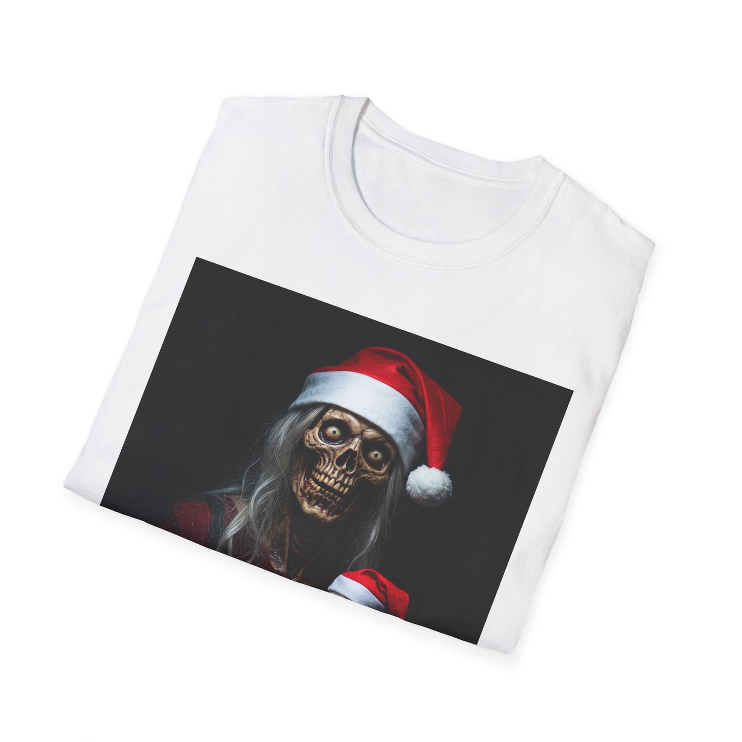 Cat Spooky Santa Skeleton Apocalyptic Portrait Tee, bold, decaying zombie graphic