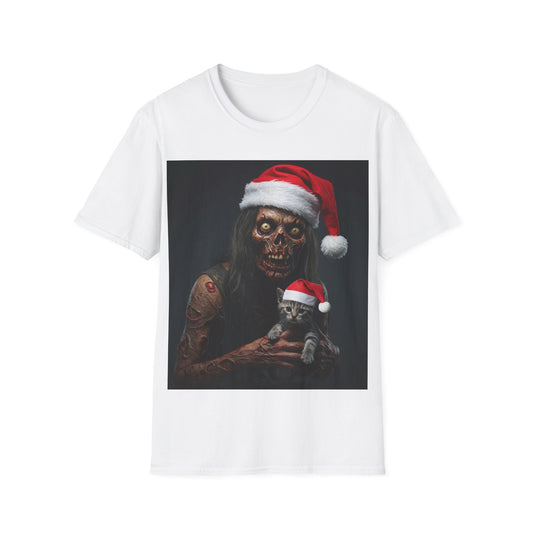 UK - Festive Zombie and Cat Apocalyptic Portrait Tee, bold, decaying zombie graphic