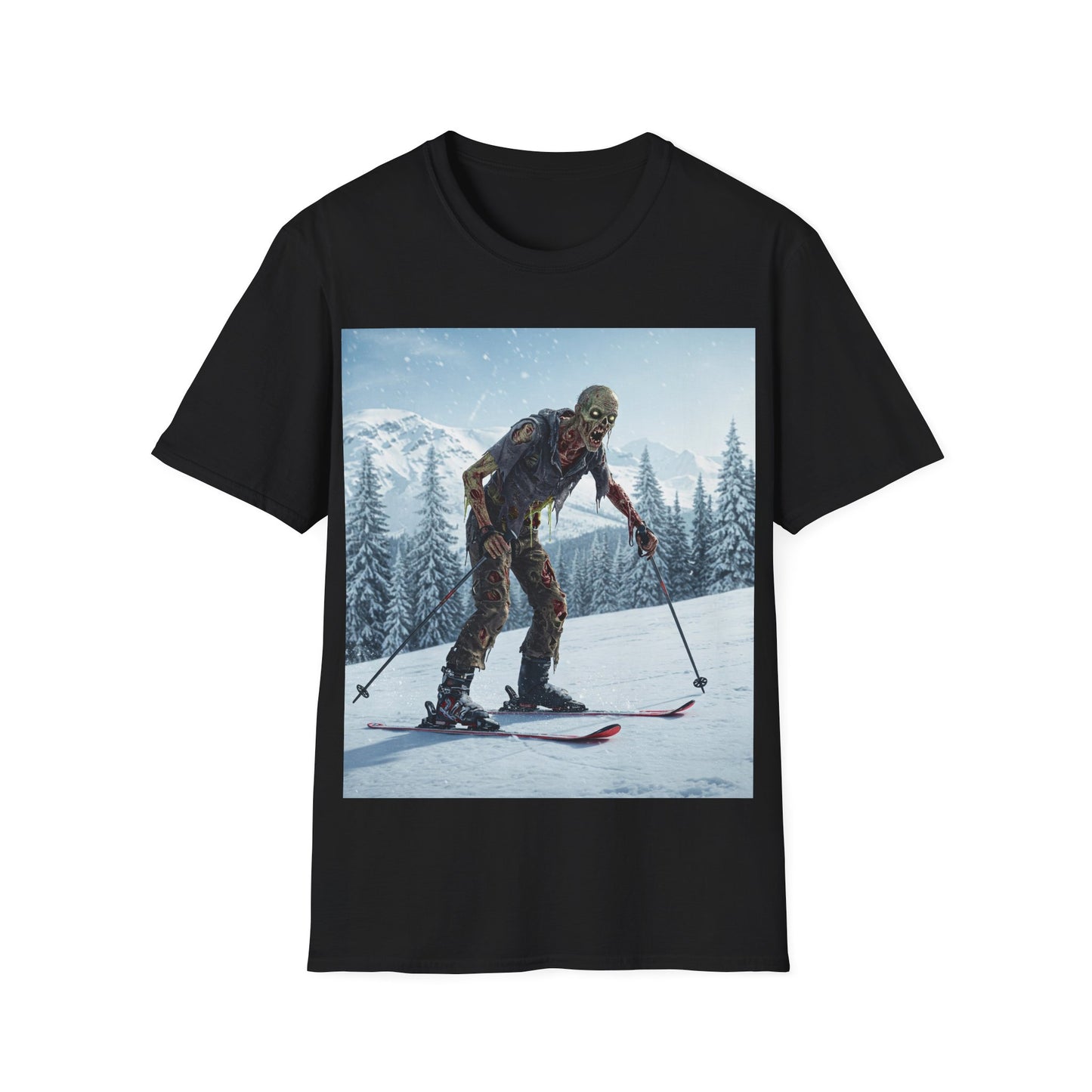UK - Skiing Zombie Unisex Softstyle T-Shirt - Perfect for Winter Fun & Halloween Enthusiasts